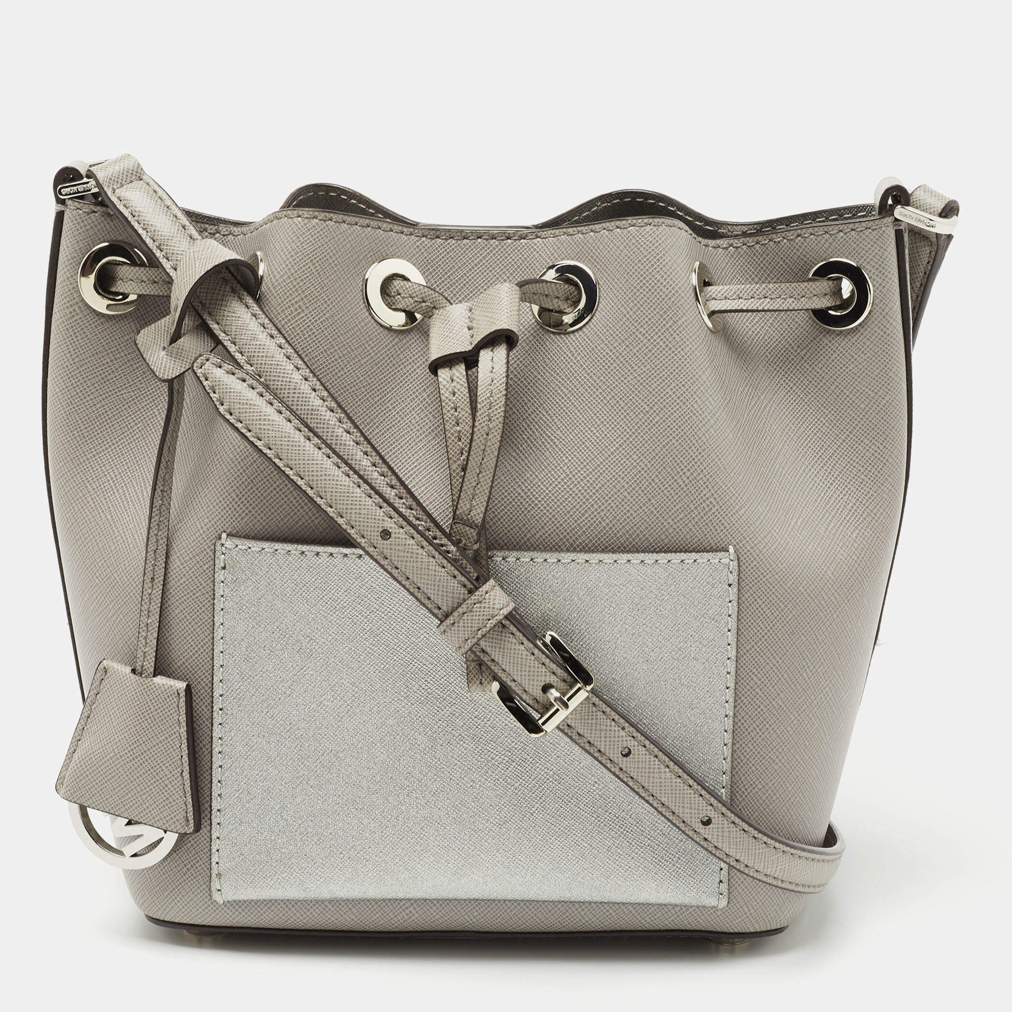 Michael Kors Grey/Silver Saffiano Leather Small Greenwich Bucket Bag