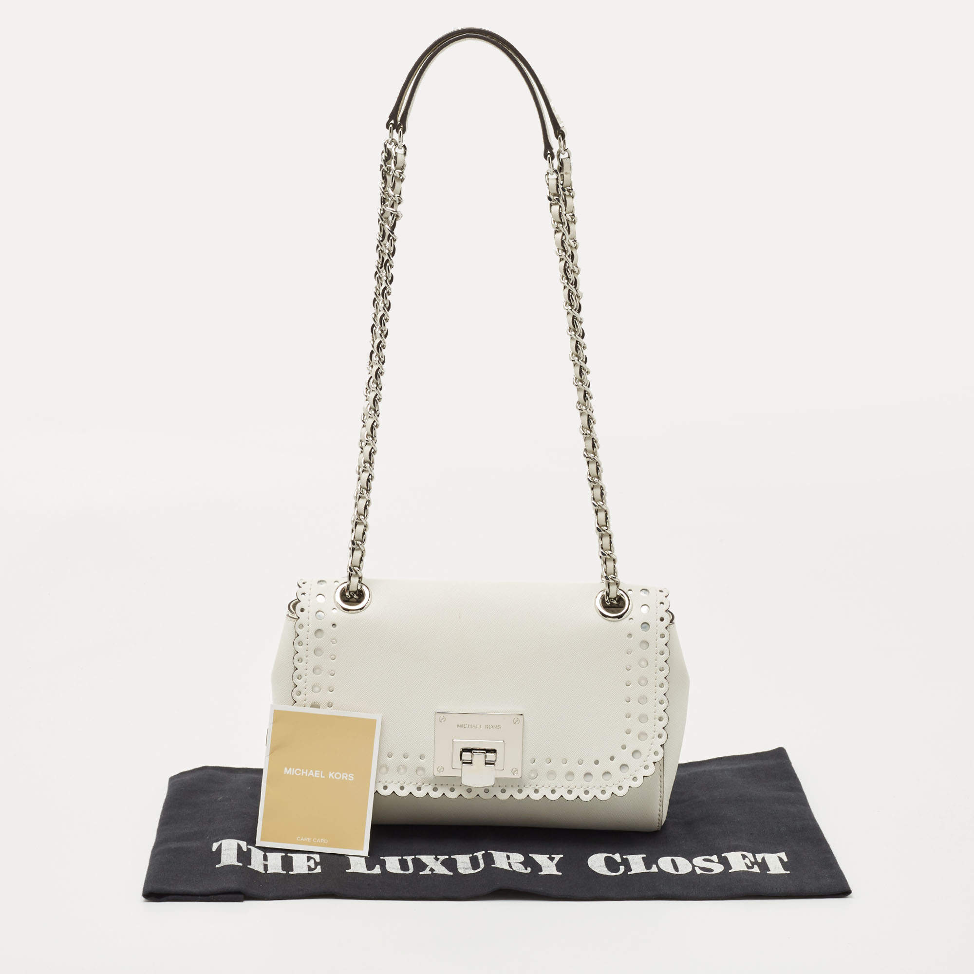 Michael Kors White Saffiano Leather Hannah Perforated Flap Shoulder Bag