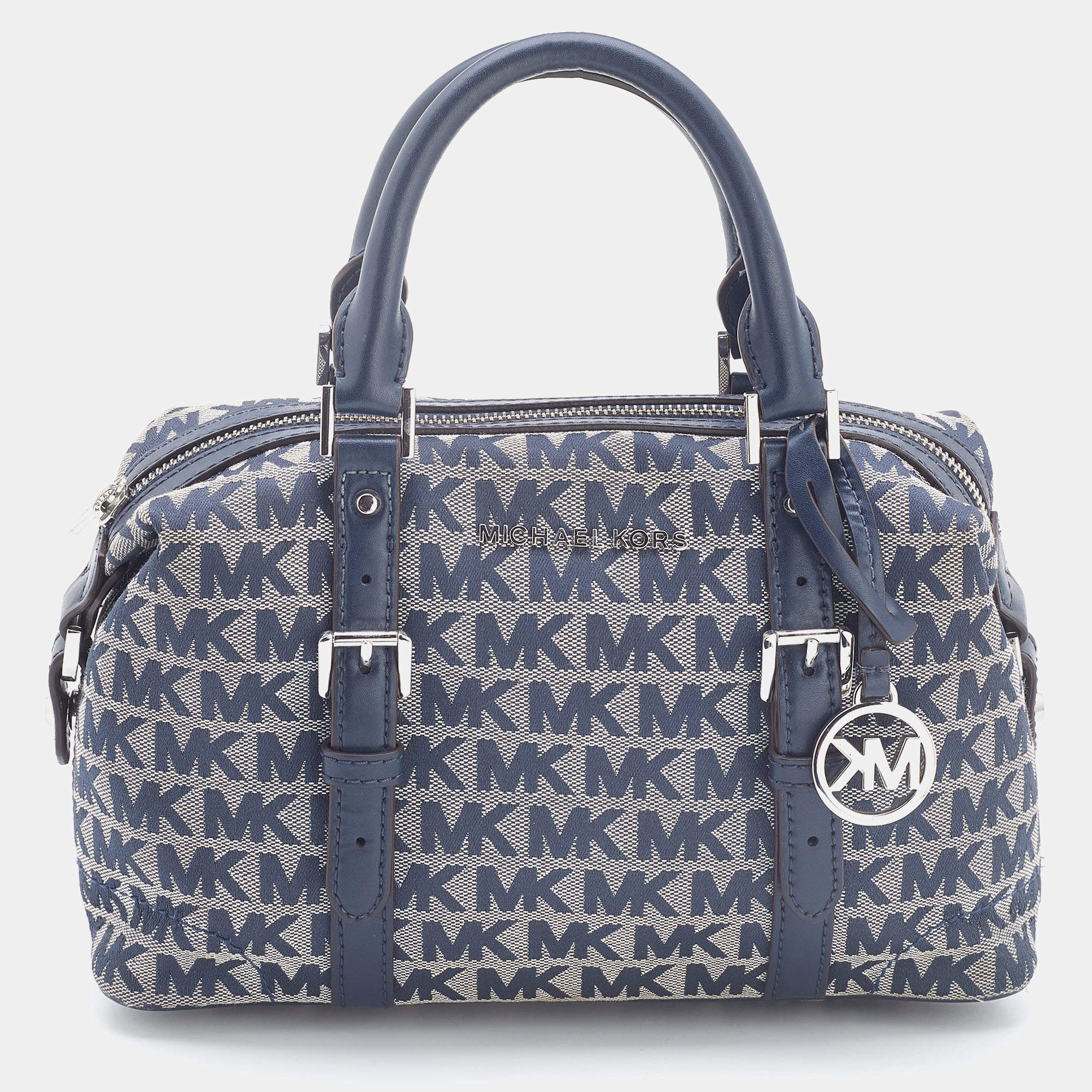 Pre Owned Michael Kors Grey/Blue Signature Canvas and Leather Zip Satchel
