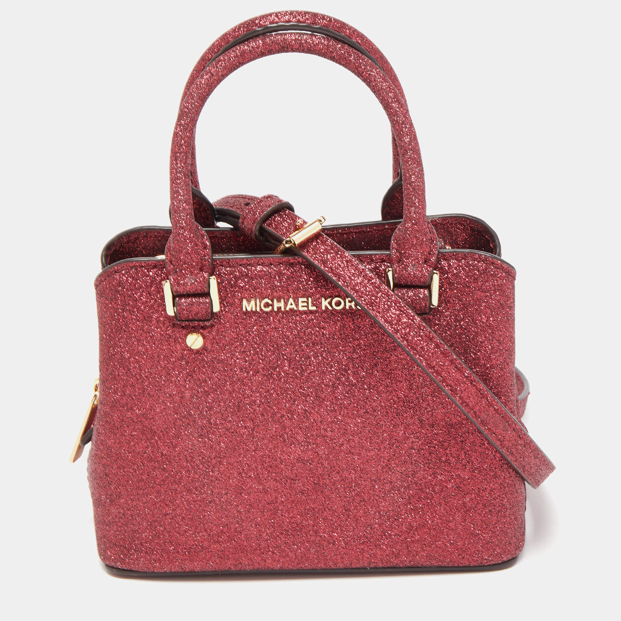 Pre Owned Michael Kors Red Glitter Fabric XS Savannah Top Handle Bag