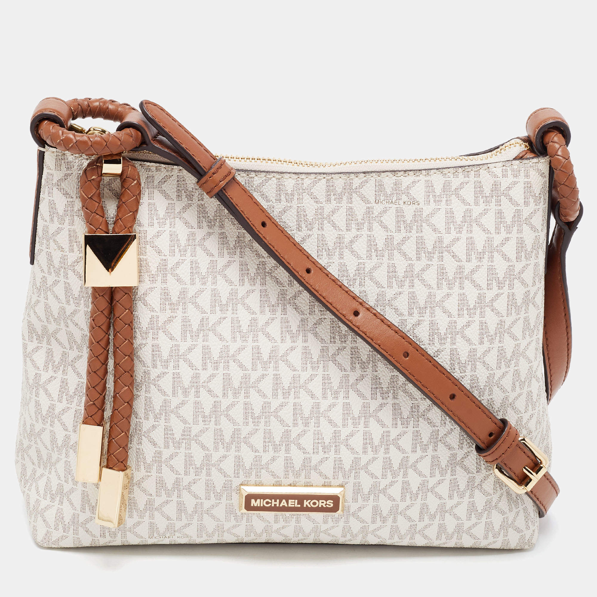 Pre Owned Michael Kors Brown/Grey Signature Coated Canvas and Faux Leather Large Lexington Crossbody Bag