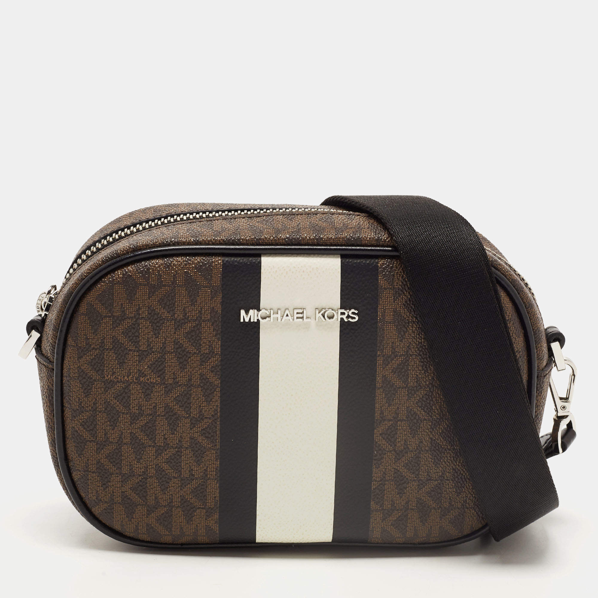 Michael Kors White/Brown Signature Coated Canvas and Leather Large Jet Set  Travel Messenger Bag Michael Kors | The Luxury Closet