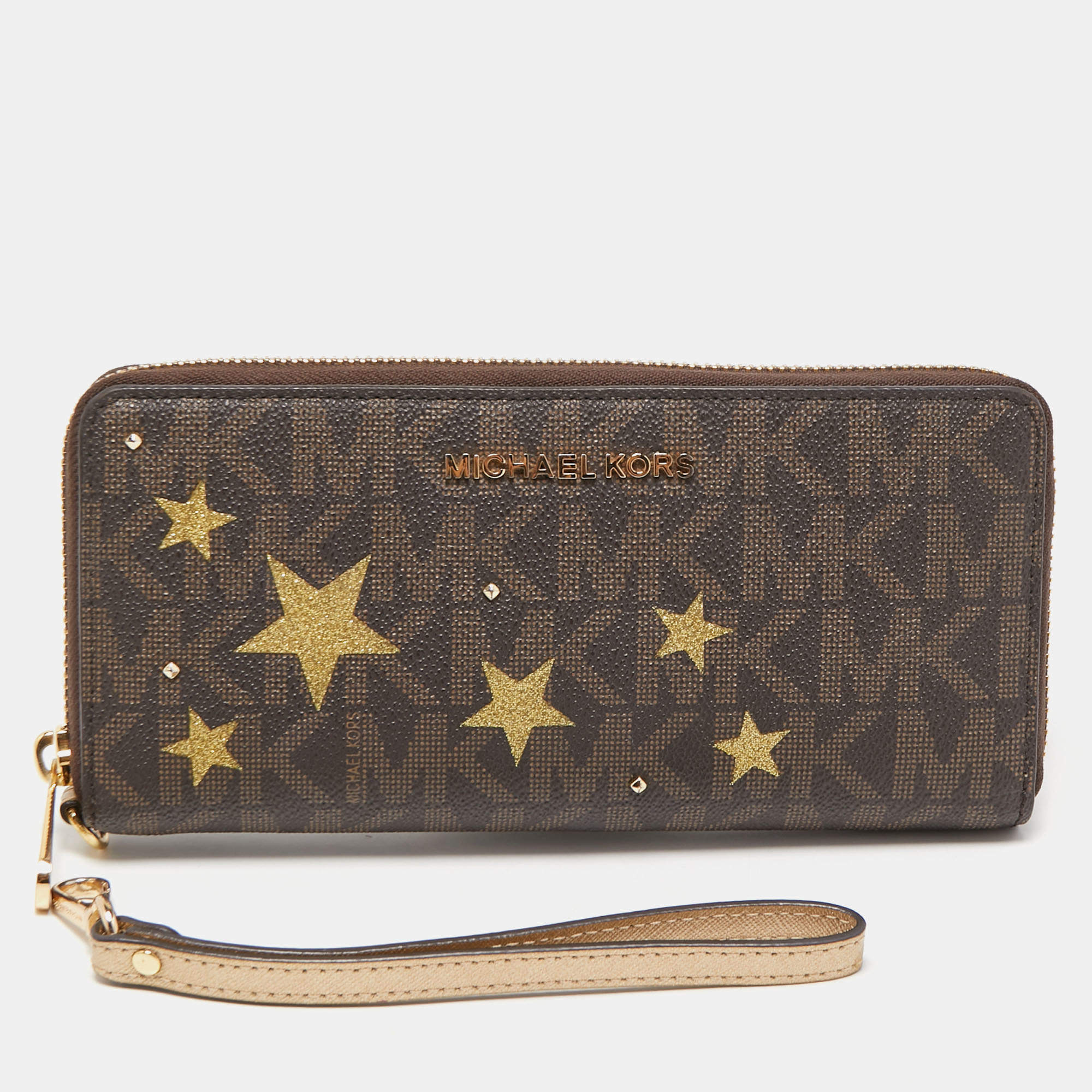 مملوكة مسبقًا Michael Kors Brown Signature Coated Canvas Strap Zip Around Wallet