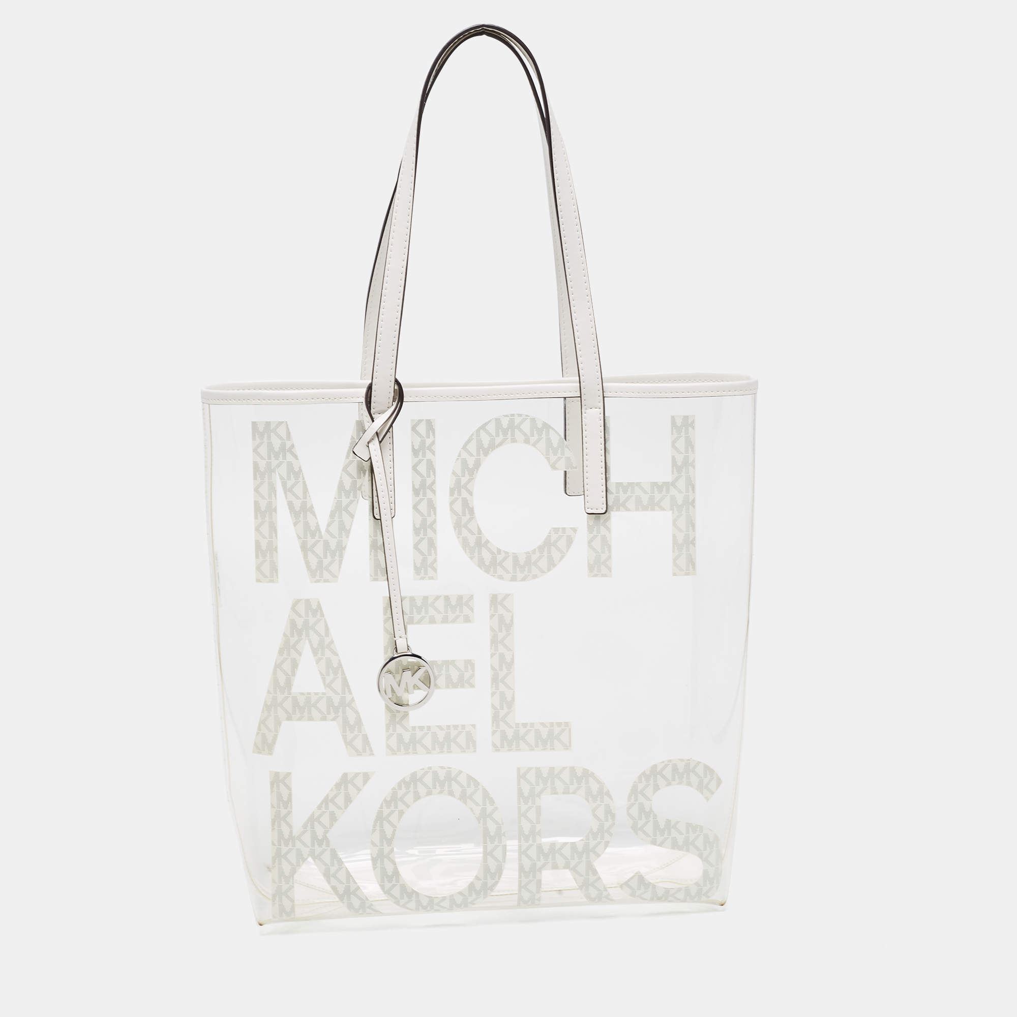 Pre Owned Michael Kors White PVC and Leather Logo Tote