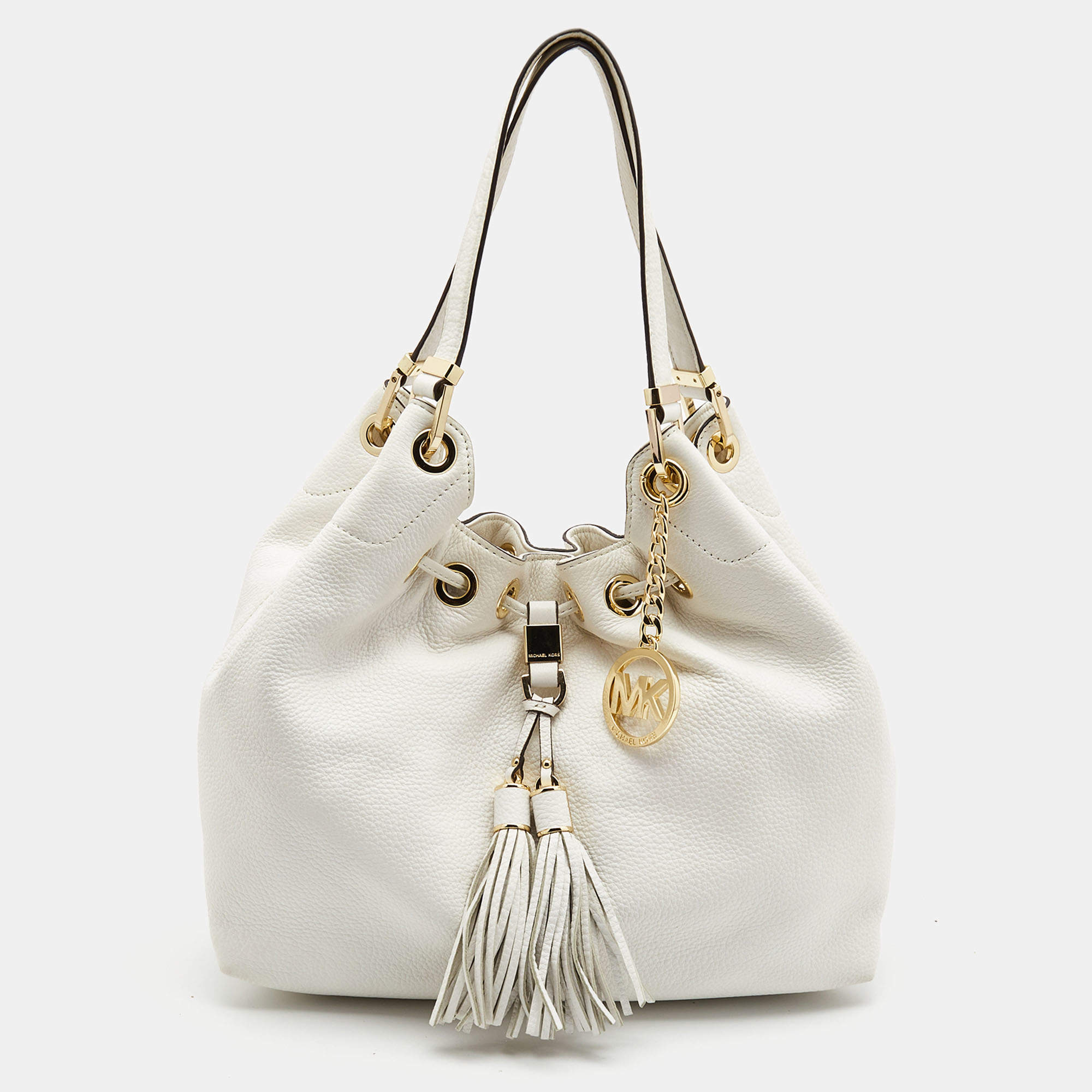 Pre Owned Michael Kors White Leather Camden Drawstring Hobo