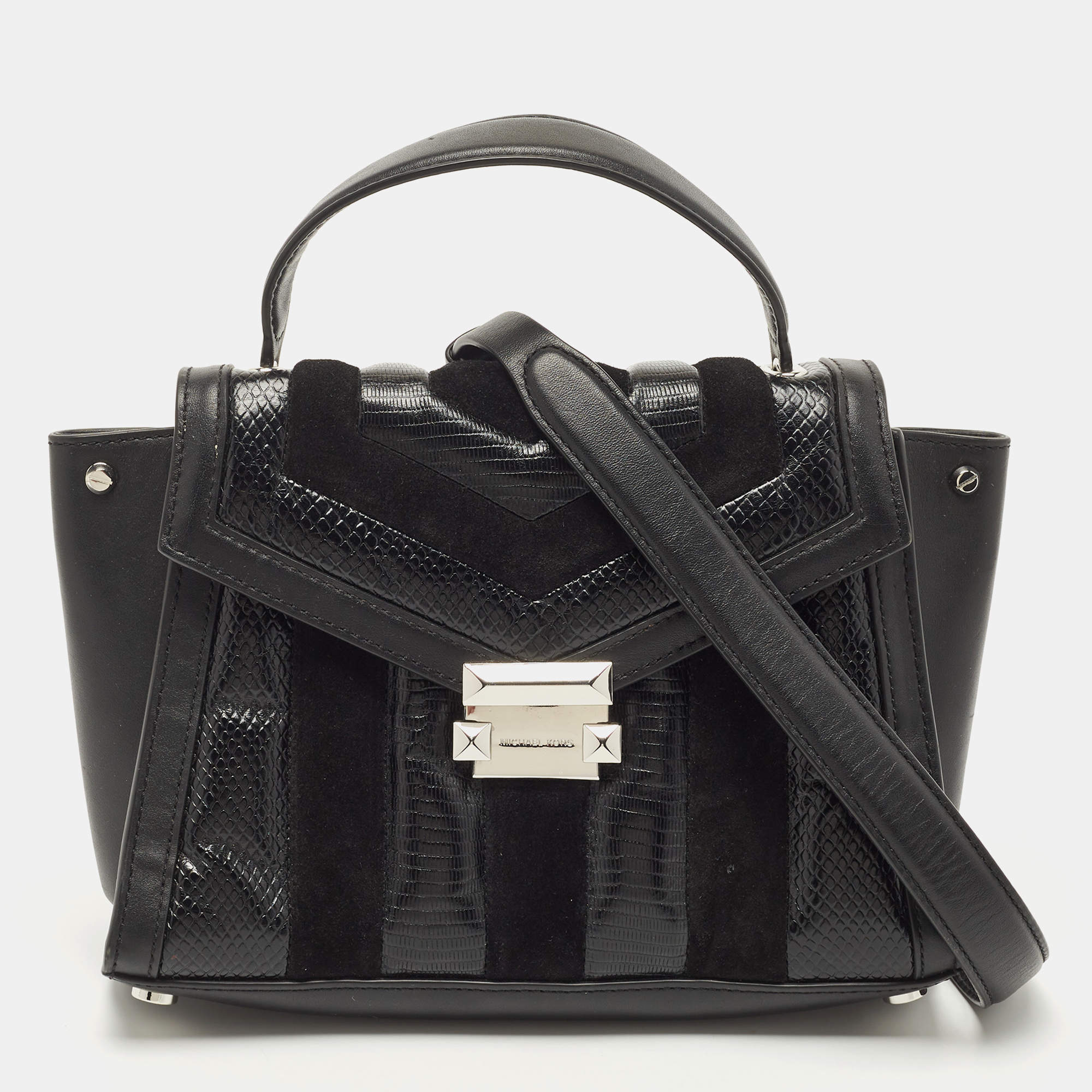 Pre Owned Michael Kors Black Suede And Leather Whitney Top Handle Bag