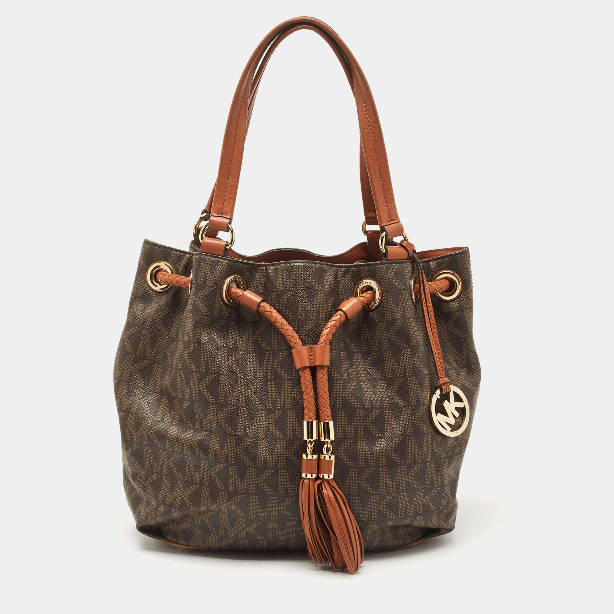 Pre Owned MICHAEL Michael Kors Brown/Tan Signature Coated Canvas and Leather Jet Set Drawstring Bag
