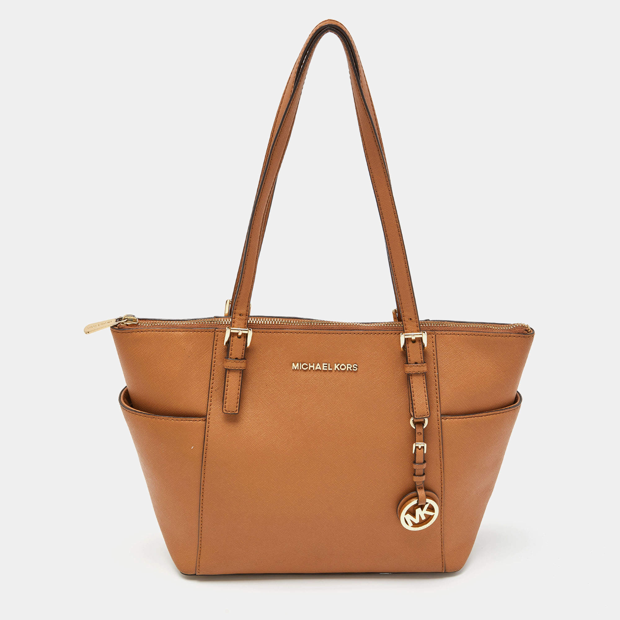 Pre Owned Michael Kors Brown Saffiano Leather Jet Set Top Zip Tote