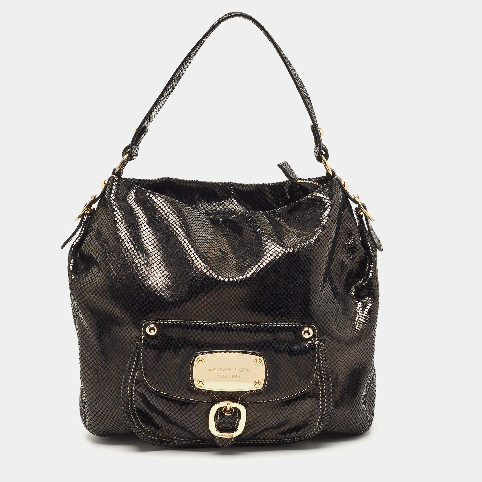 Pre Owned Michael Kors Black Snakeskin Embossed Leather Buckle Pocket Hobo