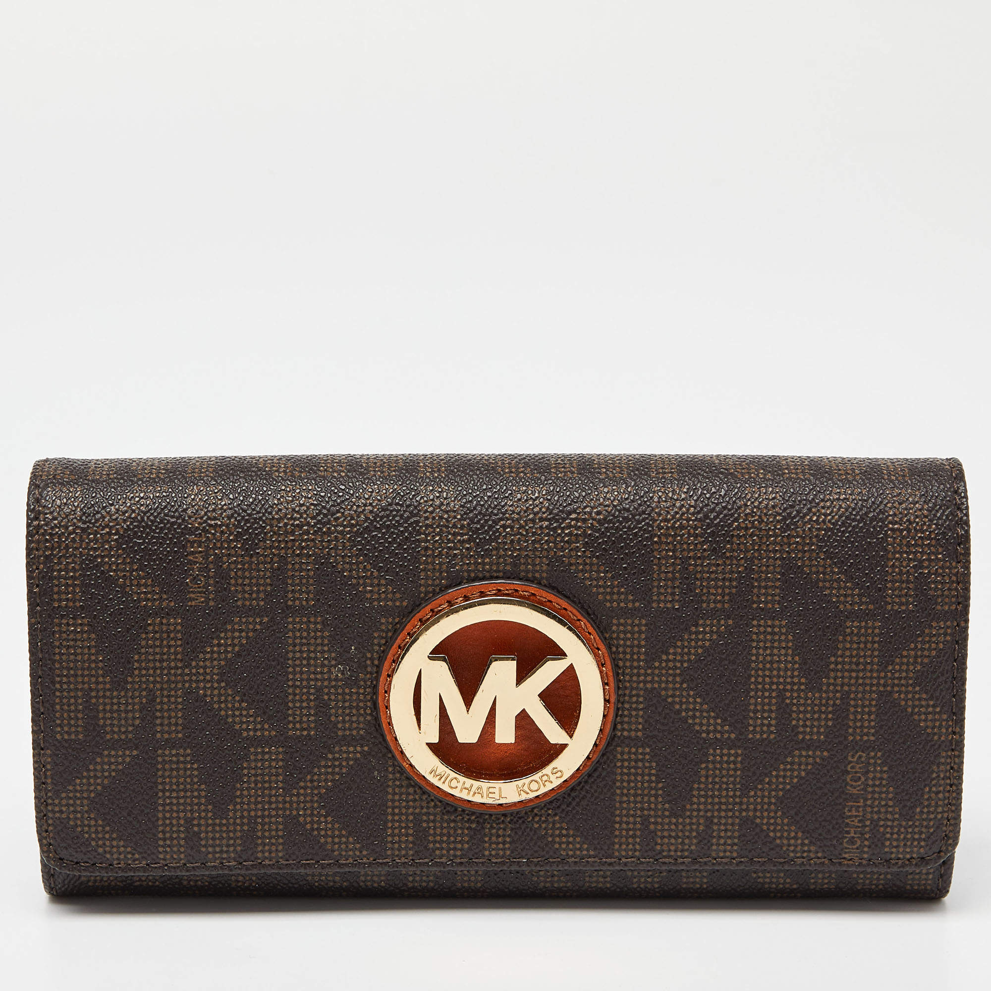 Pre Owned Michael Kors Beige/Brown Signature Coated Canvas Fulton Flap Continental Wallet