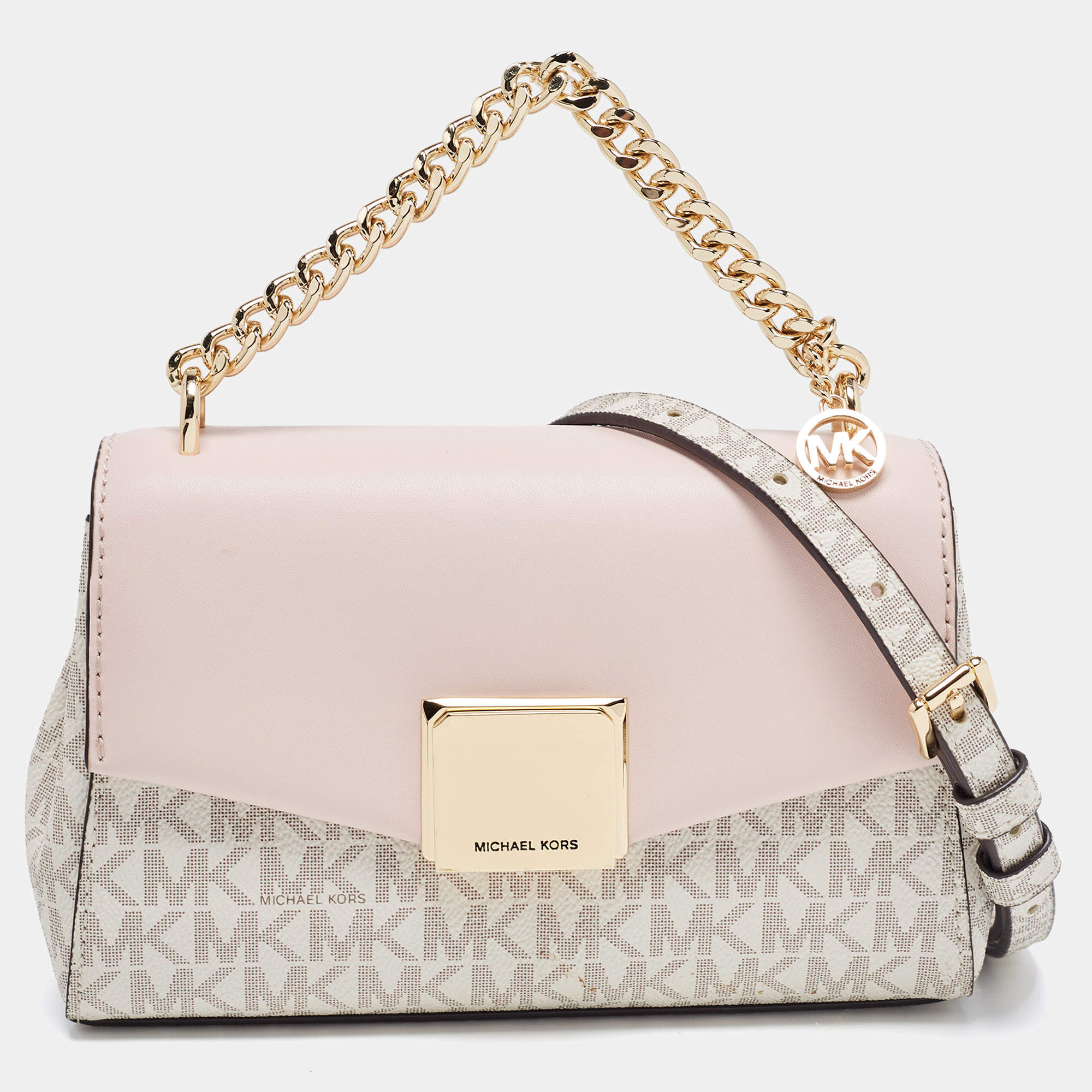 Pre Owned Michael Kors White/Pink Signature Coated Canvas And Leather Small Lita Crossbody Bag