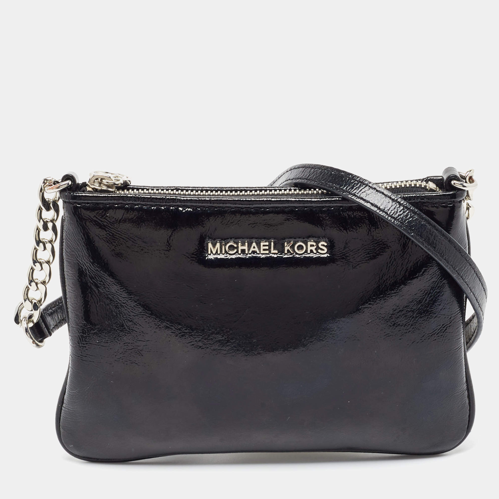 Pre Owned Michael Kors Black Patent Leather Zip Crossbody Bag