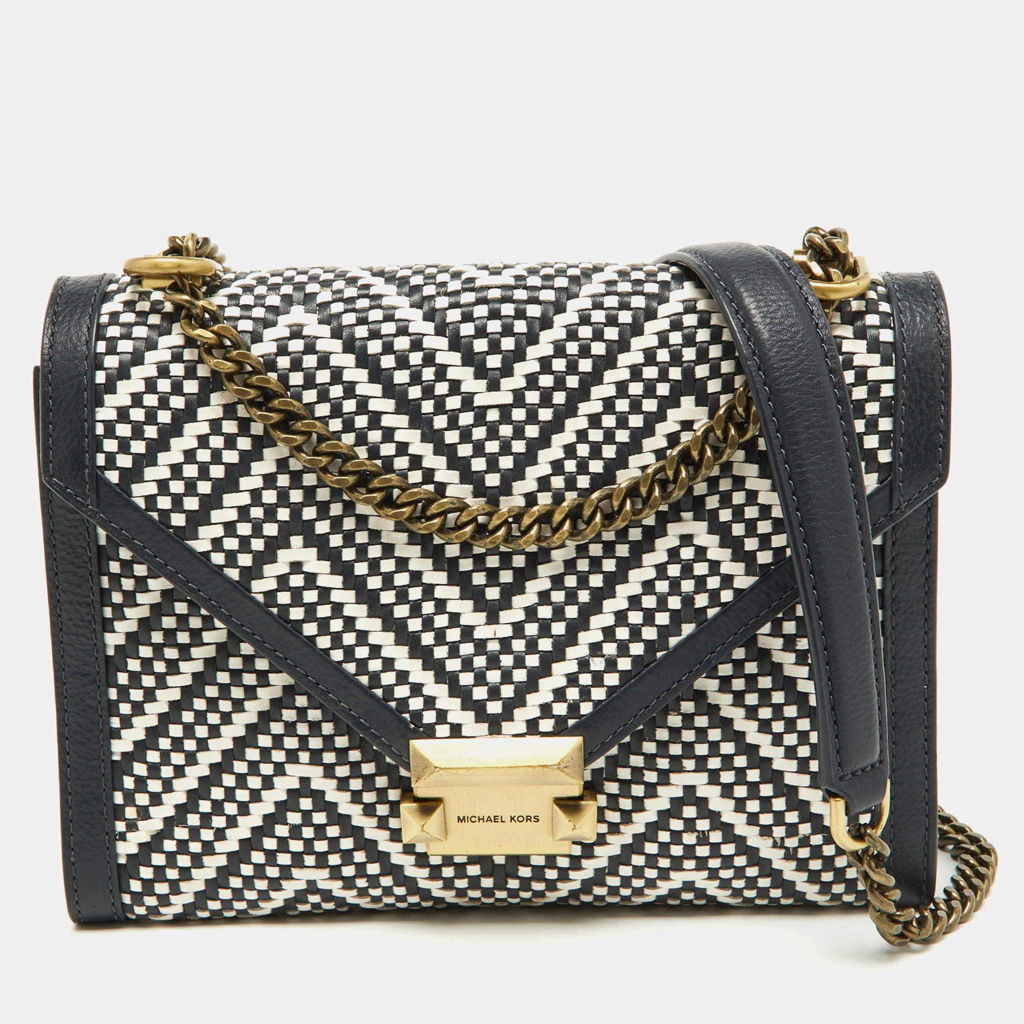 مملوكة مسبقًا Michael Kors Navy Blue/White Woven Leather Whitney Shoulder Bag