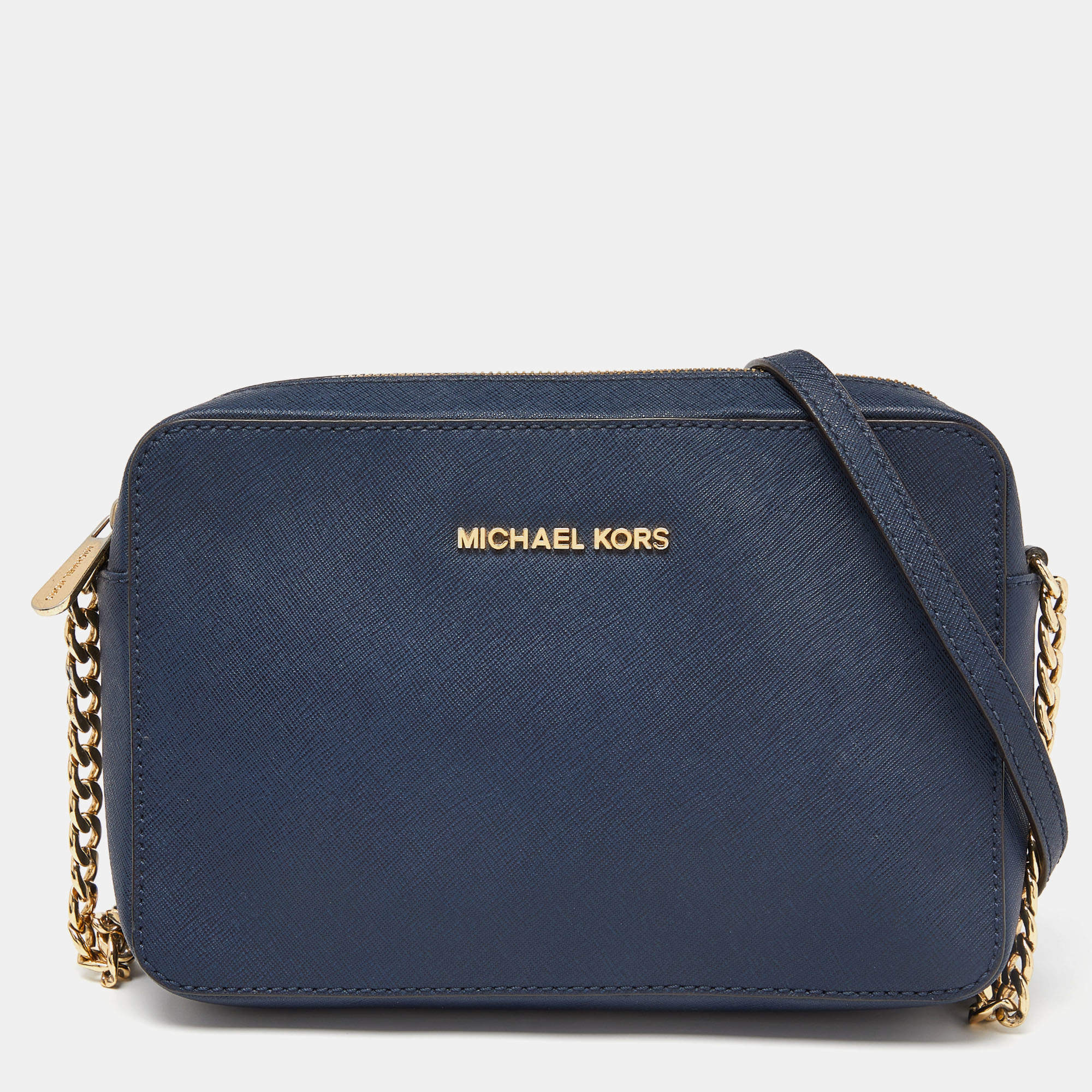 Pre Owned Michael Kors Blue Saffiano Leather Jet Set Camera Crossbody Bag 
