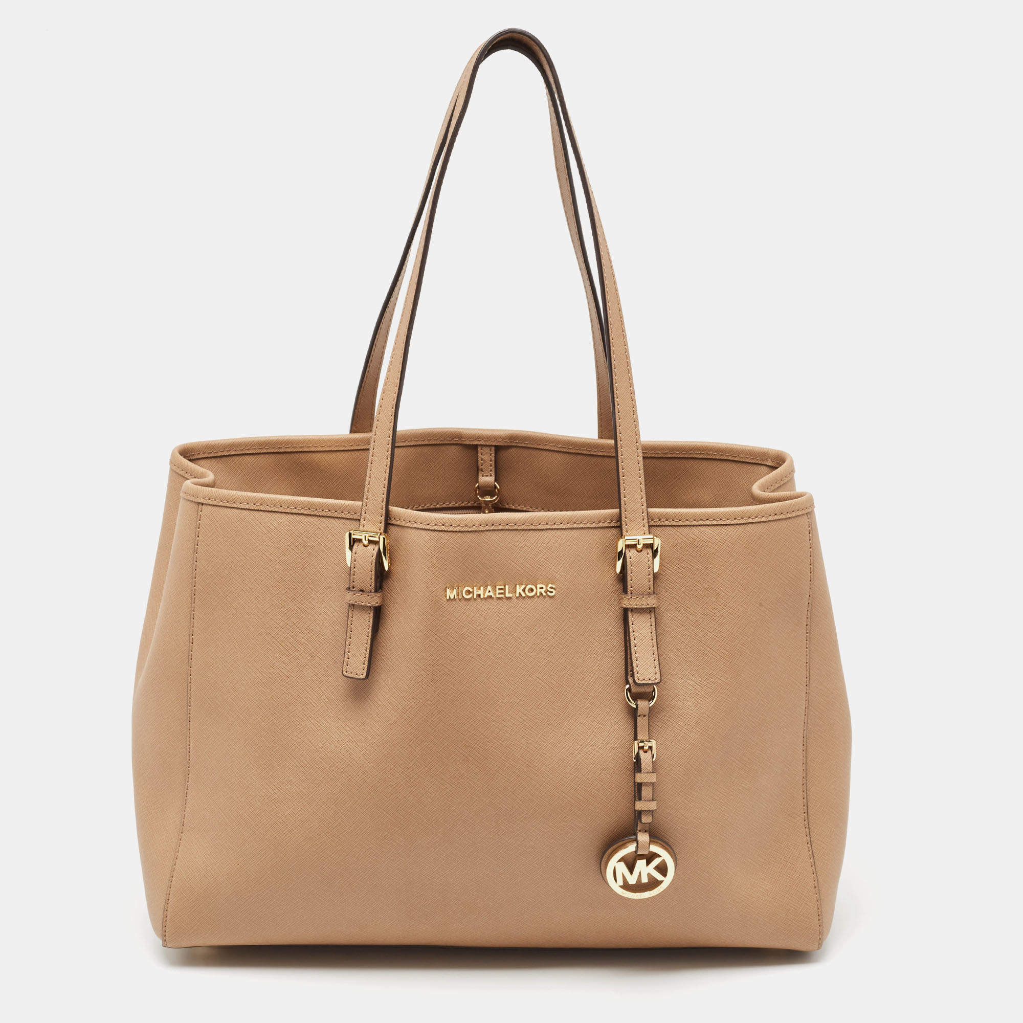 Pre Owned Michael Kors Beige Saffiano Leather Large East West Jet Set Tote