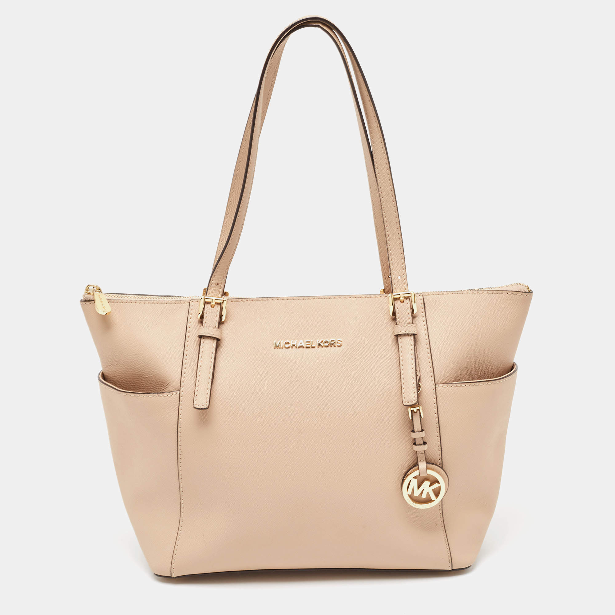 Pre Owned Michael Kors Beige Leather Medium Jet Set Top Zip Tote