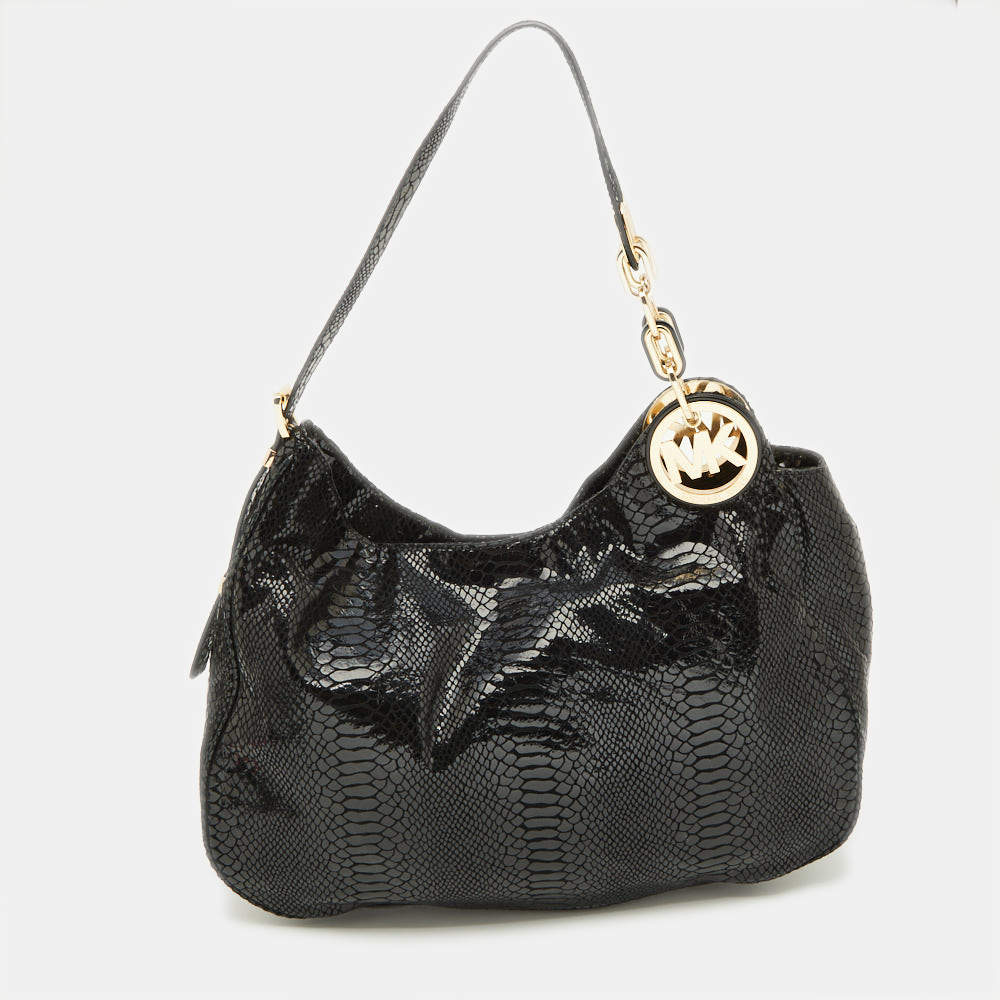 Pre Owned MICHAEL Michael Kors Black Snakeskin Embossed Leather Fulton Slouchy Hobo