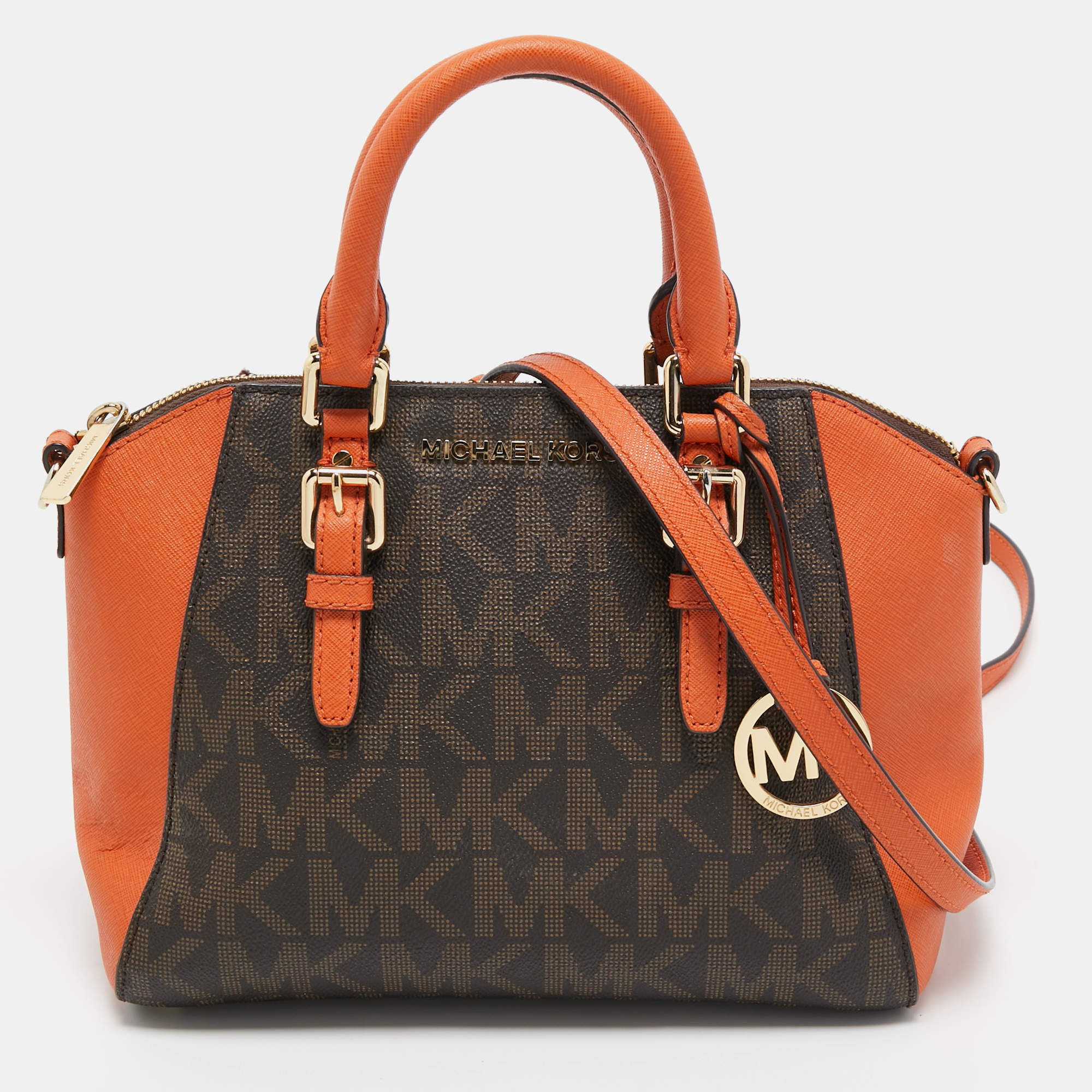 Michael Kors Orange/Brown Signature Coated Canvas and Leather Medium Ciara Satchel