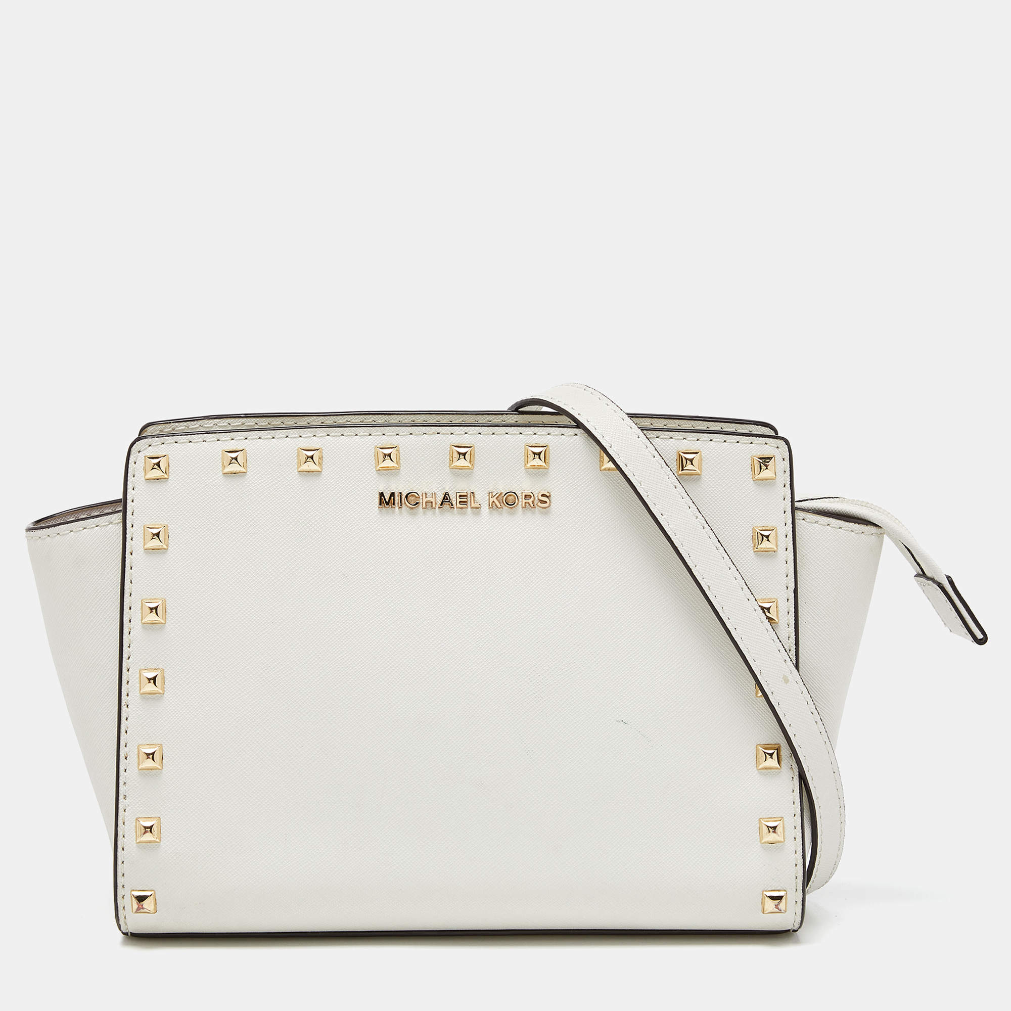 Pre Owned Michael Kors White Saffiano Studded Leather Small Selma Crossbody Bag