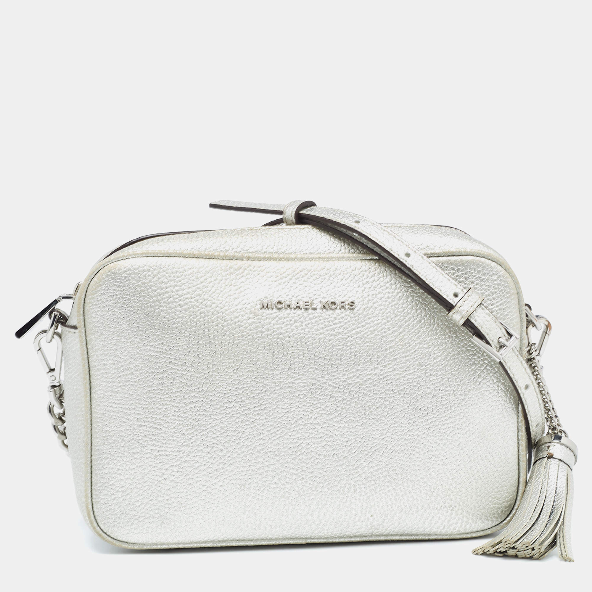 Michael Kors Silver Leather Jet Set Camera Crossbody Bag Michael