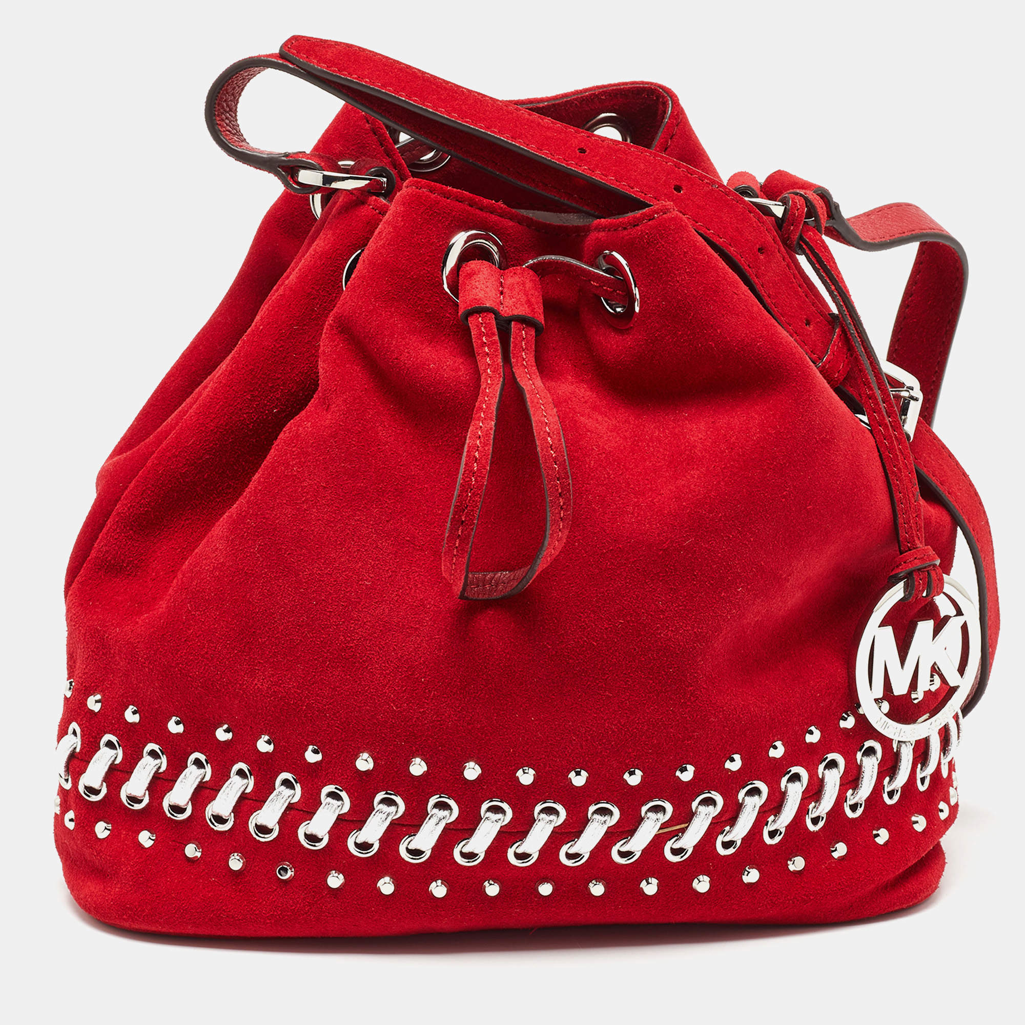 Michael Kors Red Suede and Leather Frankie Drawstring Bag