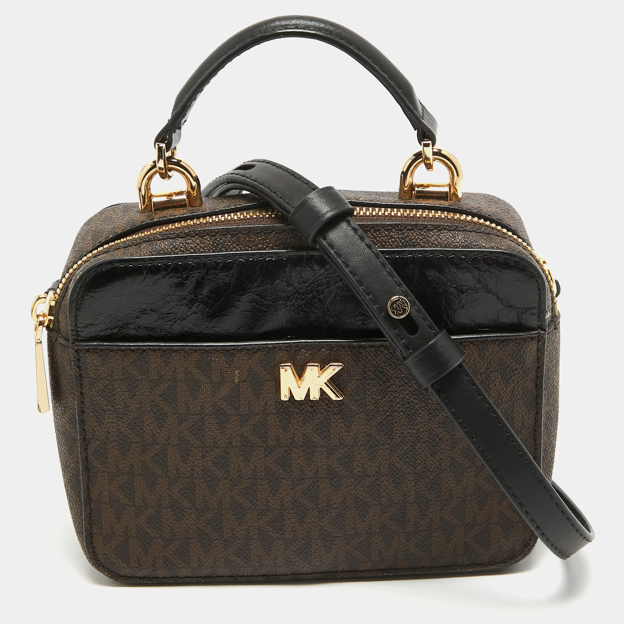 Pre Owned Michael Kors Brown/Black Signature Coated Canvas and Leather Top Handle Bag