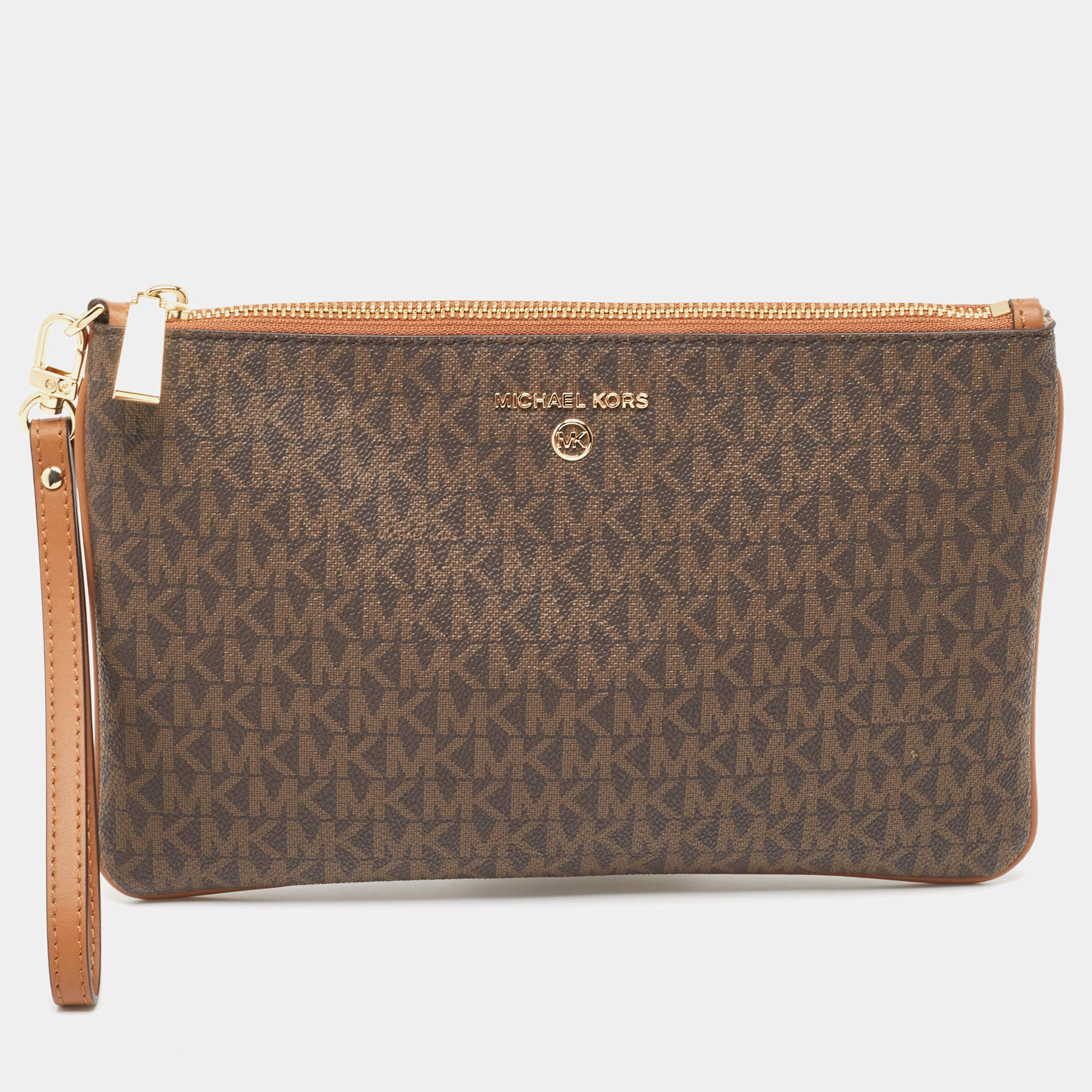 Michael Kors Brown/Tan Signature Coated Canvas Zip Wristlet Pouch