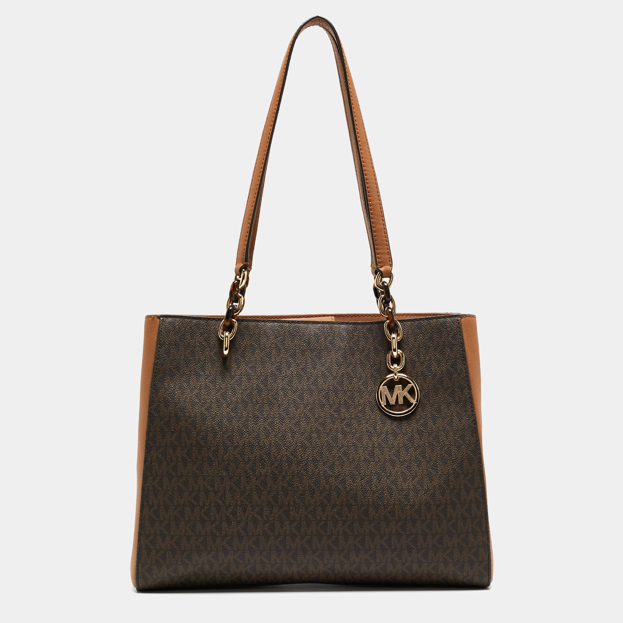 Pre Owned Michael Kors Tow Tone Brown Signature Coated Canvas and Faux Leather Large Sofia Tote