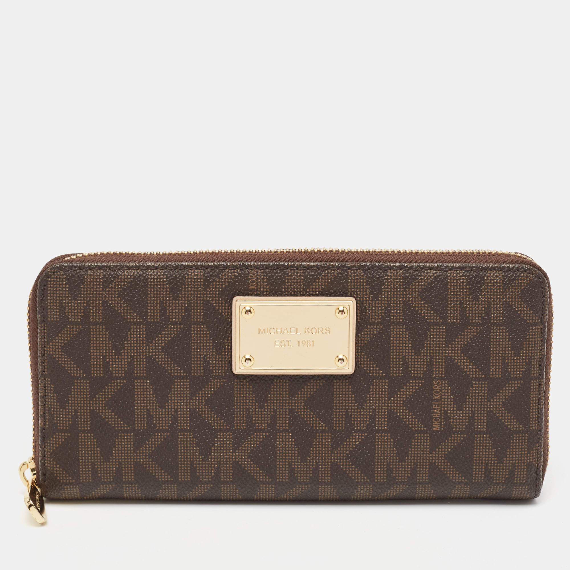 Pre Owned Michael Kors Brown Signature Coated Canvas Logo Zip Around Wallet