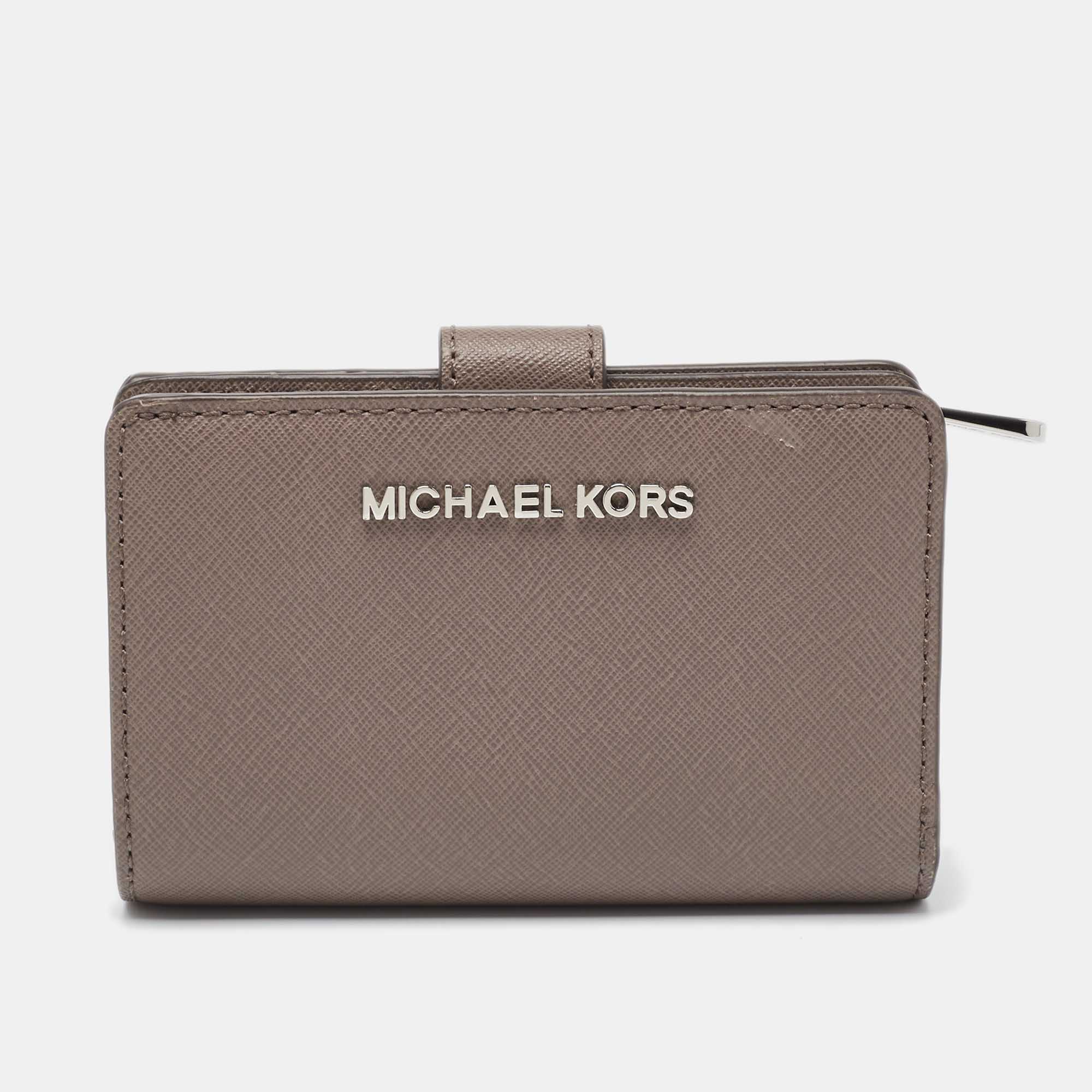 Pre Owned Michael Kors Grey Saffiano Leather French Compact Wallet