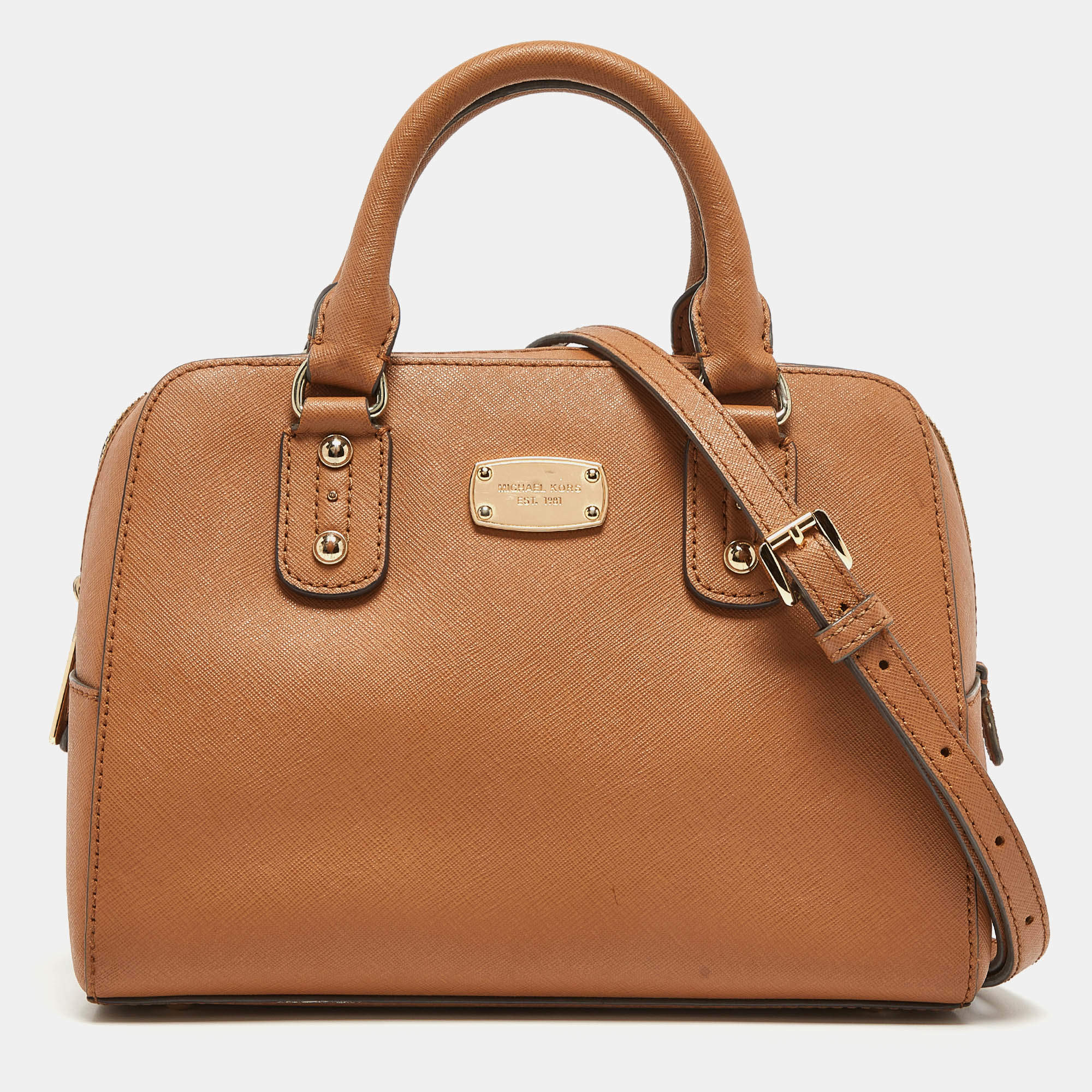 Pre Owned Michael Kors Brown Saffiano Leather Logo Satchel