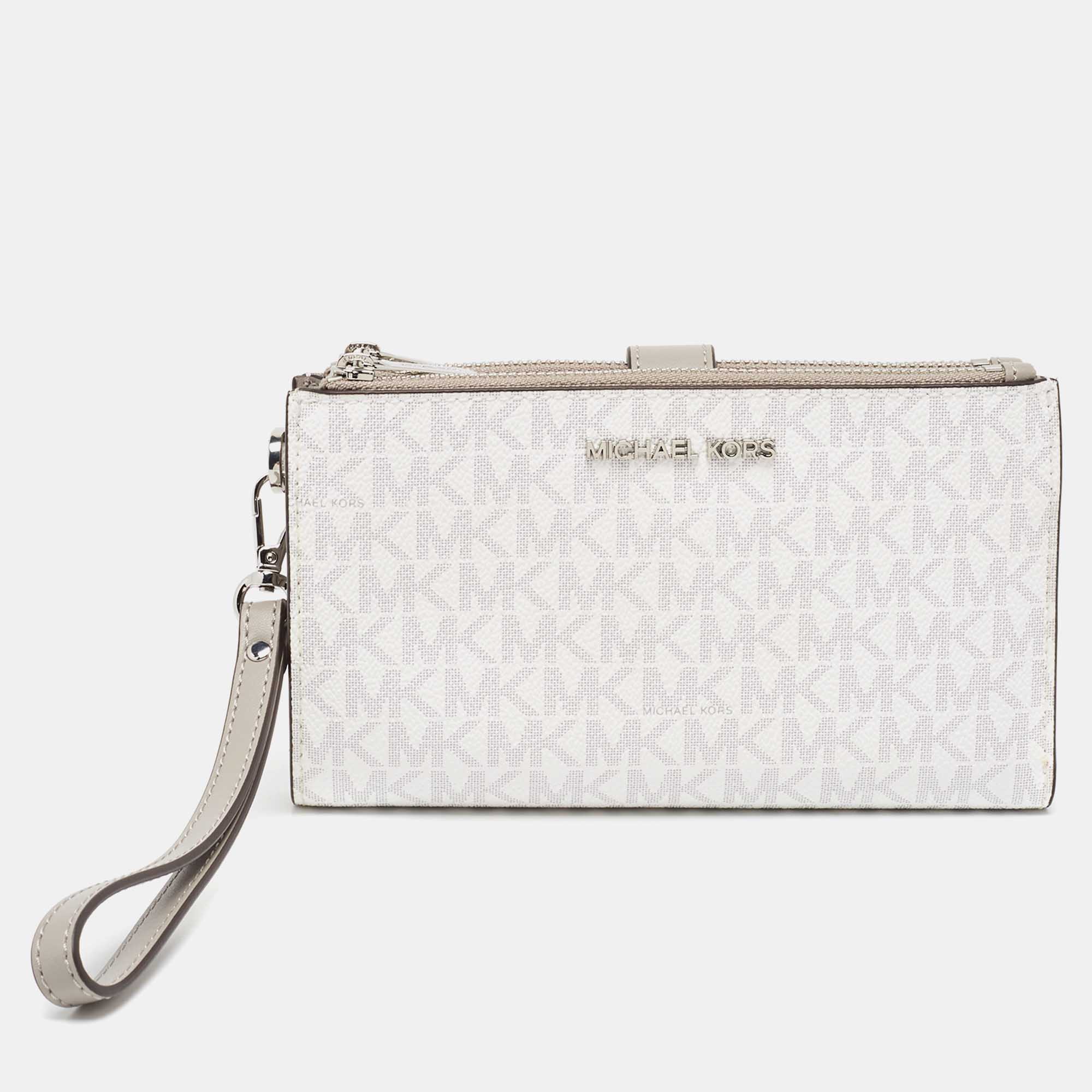 Pre Owned Michael Kors Grey/White Signature Coated Canvas and Leather Adele Wristlet Wallet