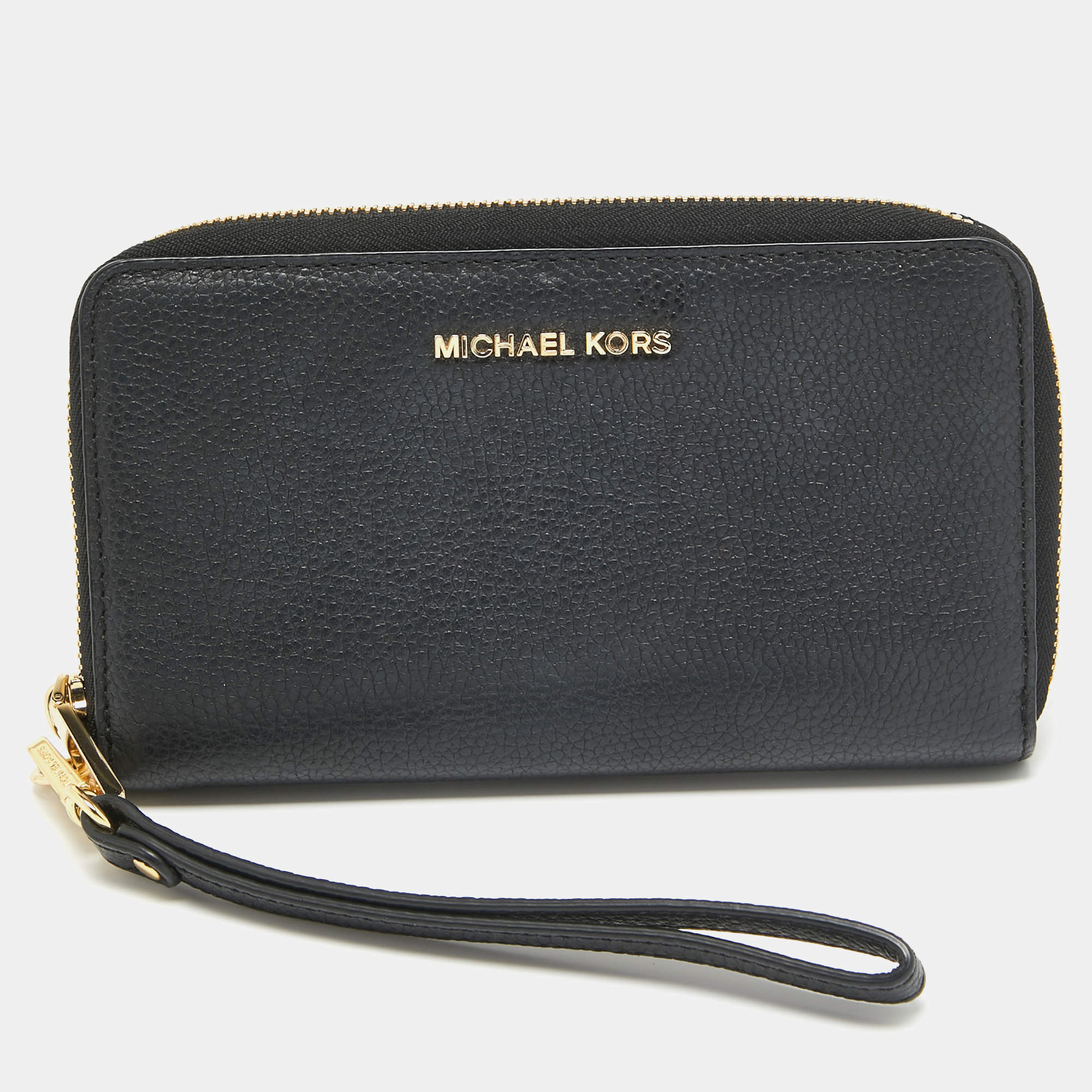 Pre Owned Michael Kors Black Leather Logo Zip Around Wristlet Wallet