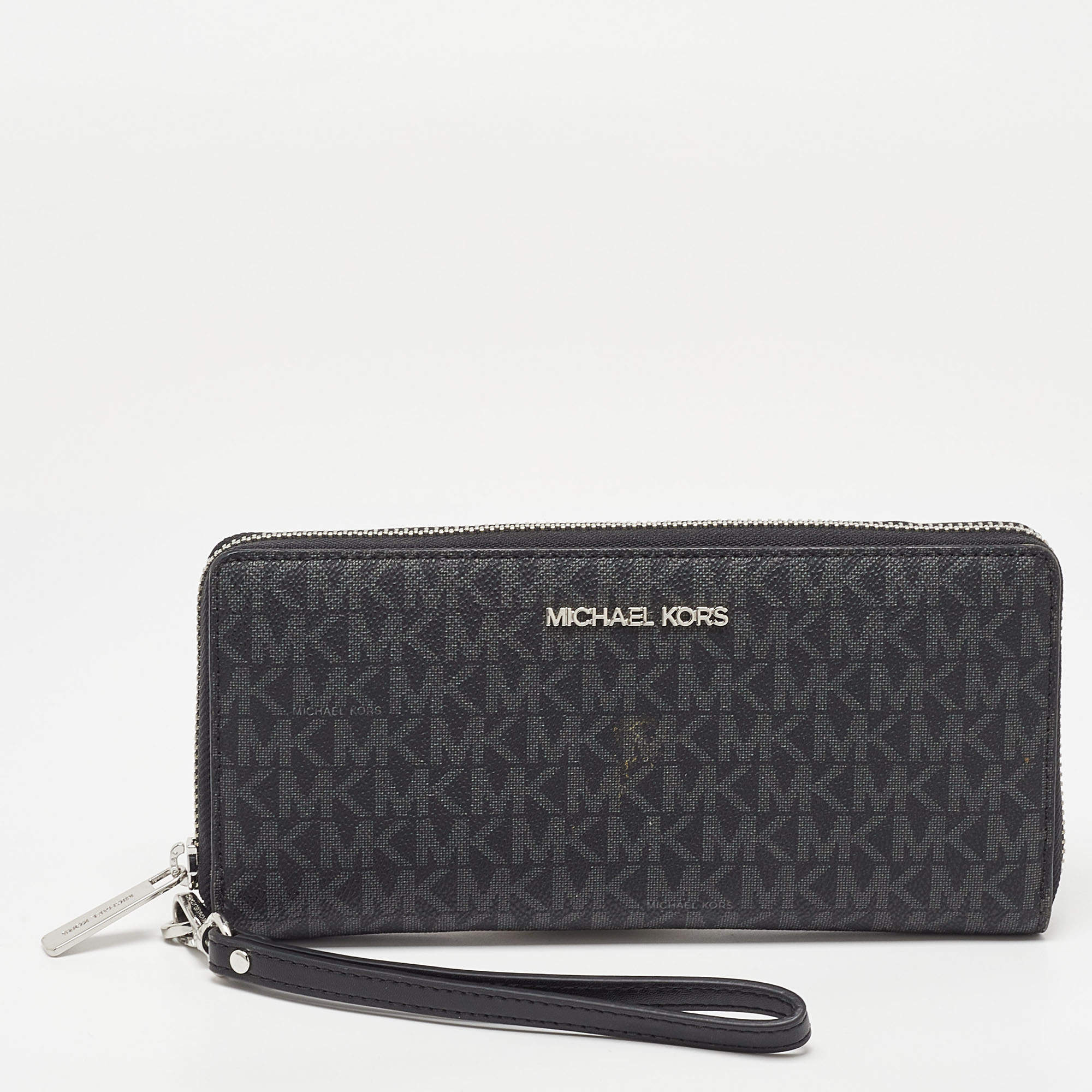 Michael Kors Black/Grey Signature Coated Canvas Zip Around Wallet