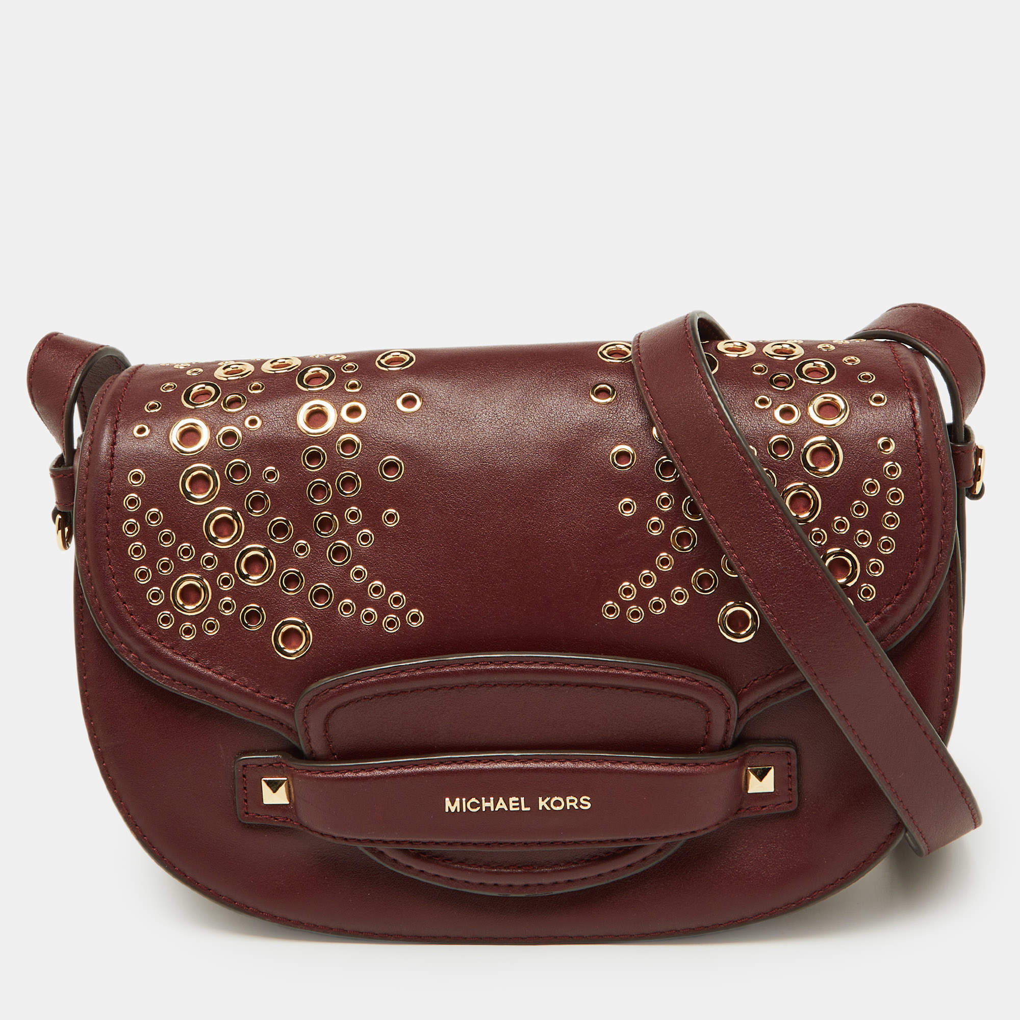 Pre Owned Michael Kors Red Grommet Leather Flap Crossbody Bag