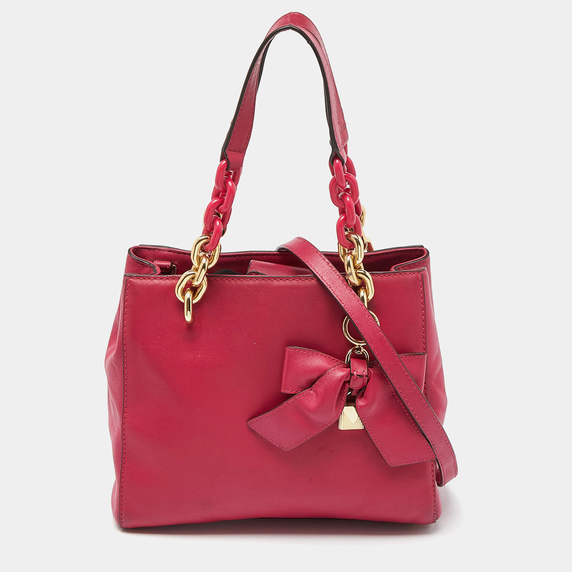 Pre Owned MICHAEL Michael Kors Pink Leather Mini Cynthia Bow Tote