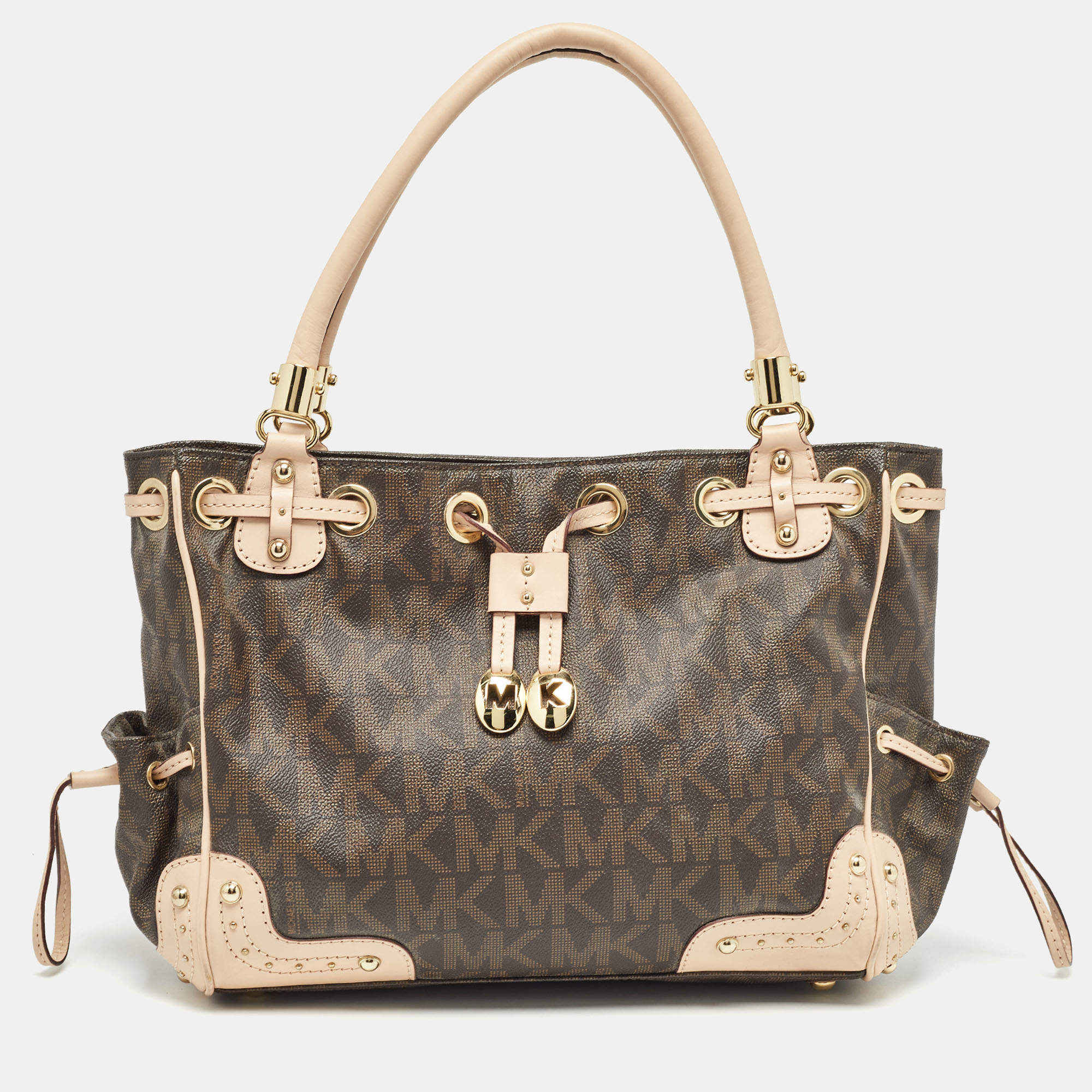 Pre Owned Michael Kors Brown/Beige Monogram Coated Canvas and Leather Drawstring Bag