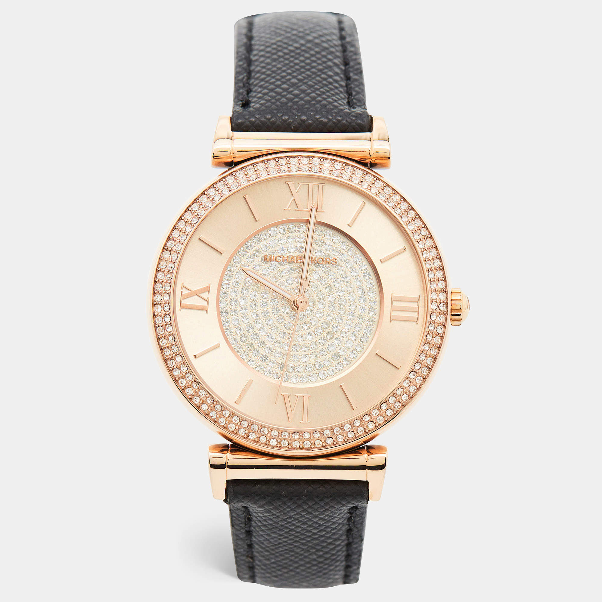 Michael Kors Champagne Crystal Pavéd Rose Gold Plated Stainless Steel Leather Catlin MK2376 Women's Wristwatch 38 mm