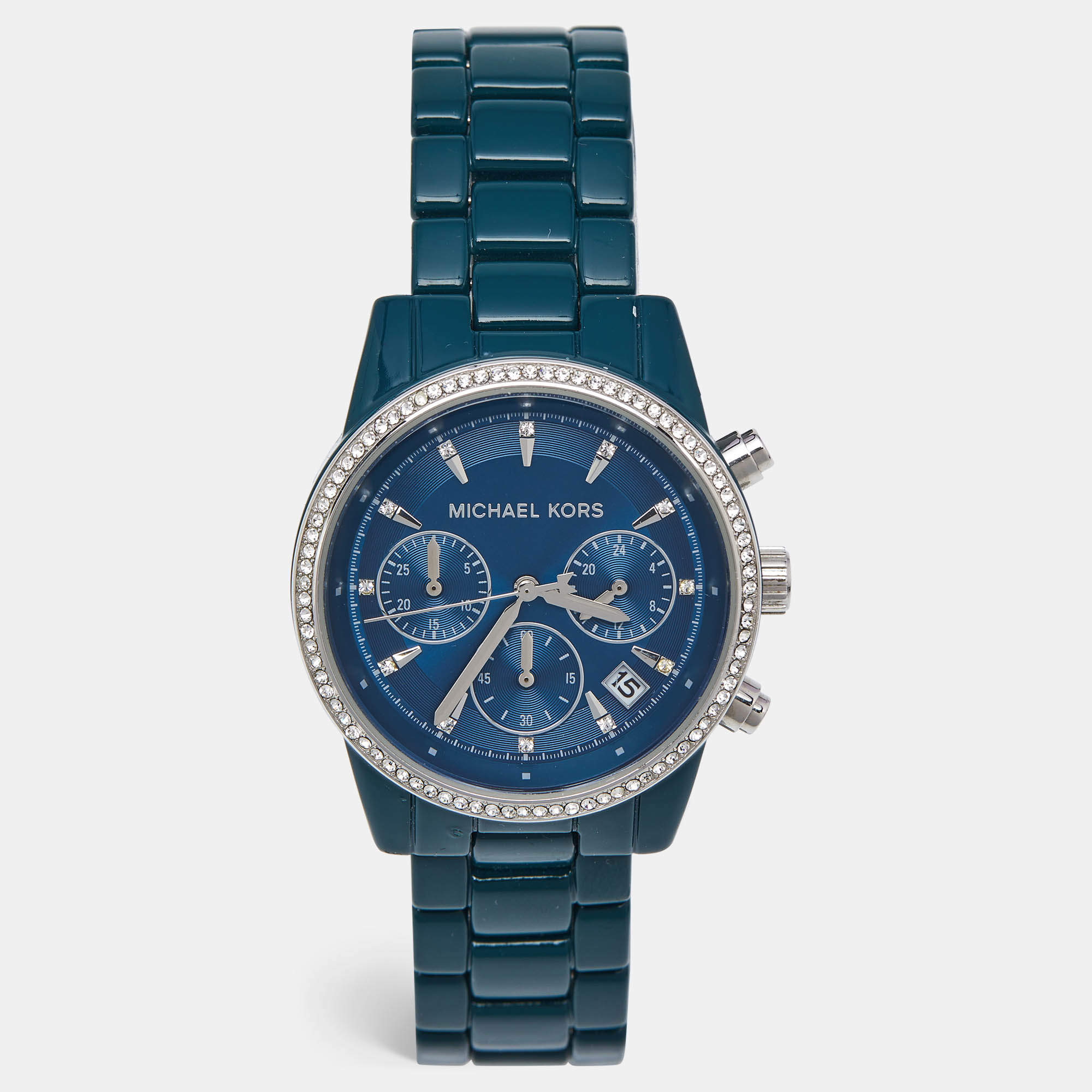 Pre Owned Michael Kors Blue Teal Coated Stainless Steel Ritz MK6722 Women's Wristwatch 37 mm
