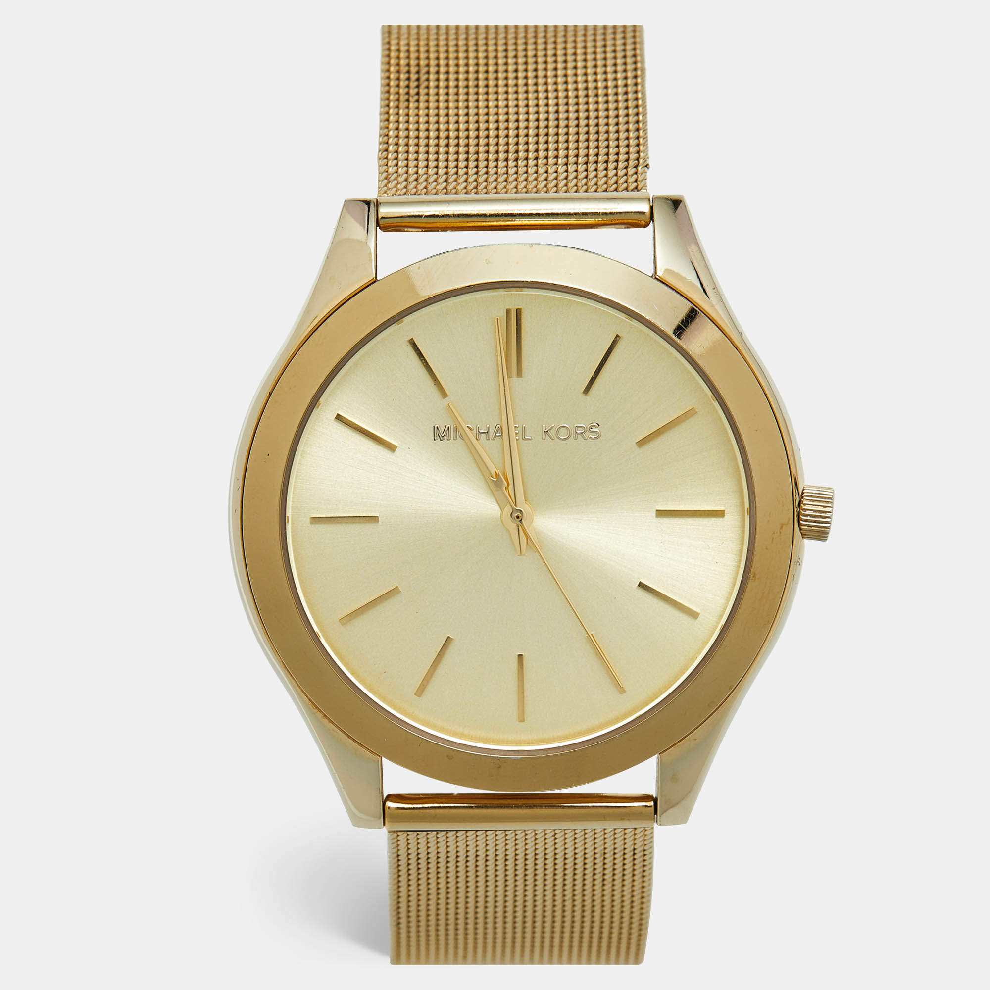 Pre Owned Michael Kors Champagne Gold Plated Stainless Steel Slim Runway MK3282 Women's Wristwatch 42 mm