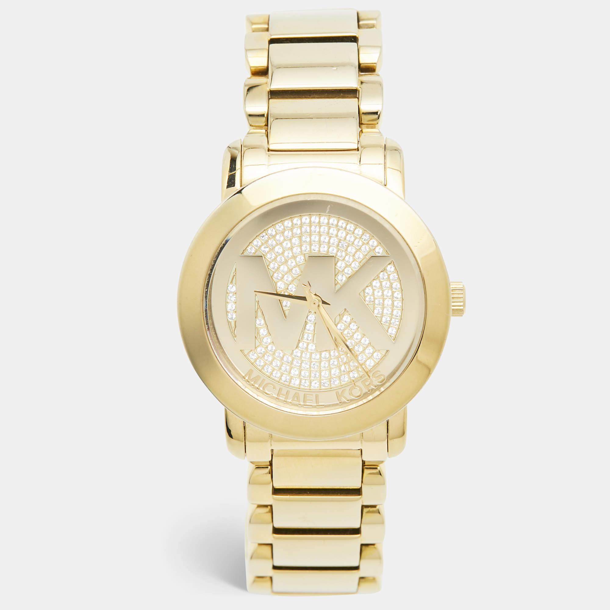 Pre Owned Michael Kors Champagne Gold Plated Stainless Steel Runway MK5432 Women's Wristwatch 38 mm