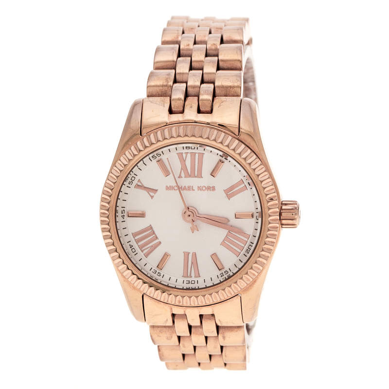 Pre Owned Michael Kors silver White Gold Plated Steel Petite Lexington Rose MK3230 Women's Wristwatch 26 mm