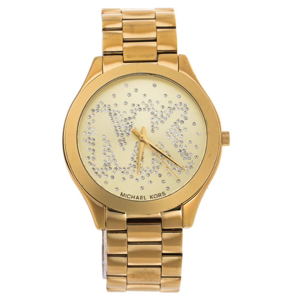 مملوكة مسبقًا Michael Kors Yellow Gold Tone Stainless Steel Slim Runway MK3590 Women's Wristwatch 42 mm