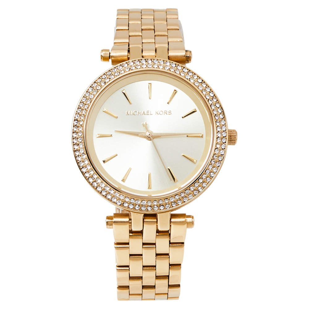 Pre Owned Michael Kors Yellow Gold Tone Stainless Steel Darci Pave MK3430 Women's Wristwatch 33 mm