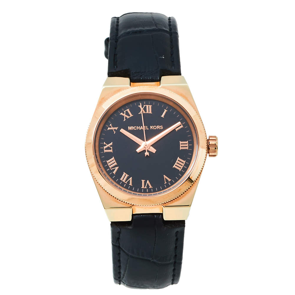 Pre Owned Michael Kors Black Rose Gold Tone Stainless Steel Leather Channing MK2358 Women's Wristwatch 33 mm
