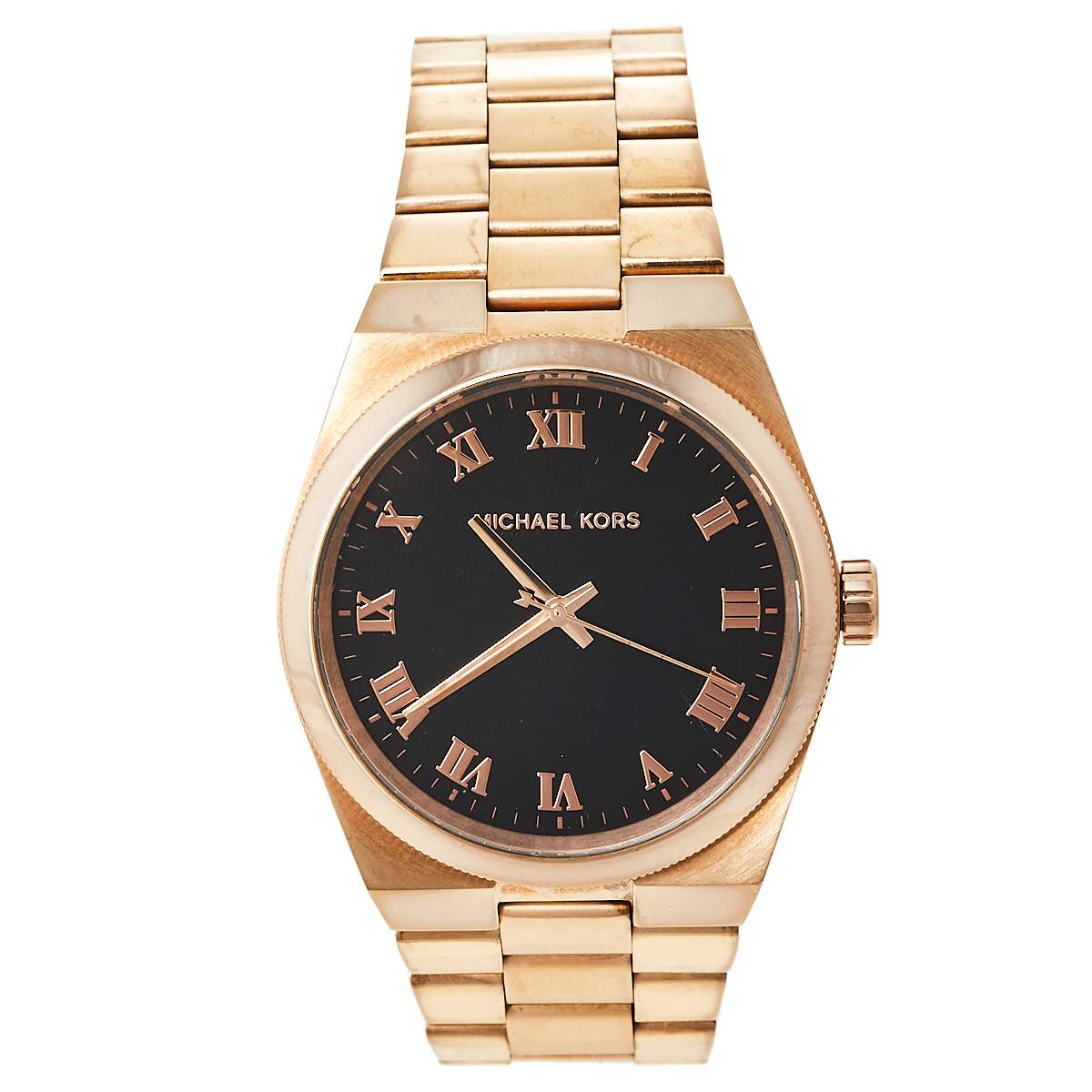 Pre Owned Michael Kors Black Rose Gold Tone Stainless Steel Channing MK5937 Women's Wristwatch 38 mm