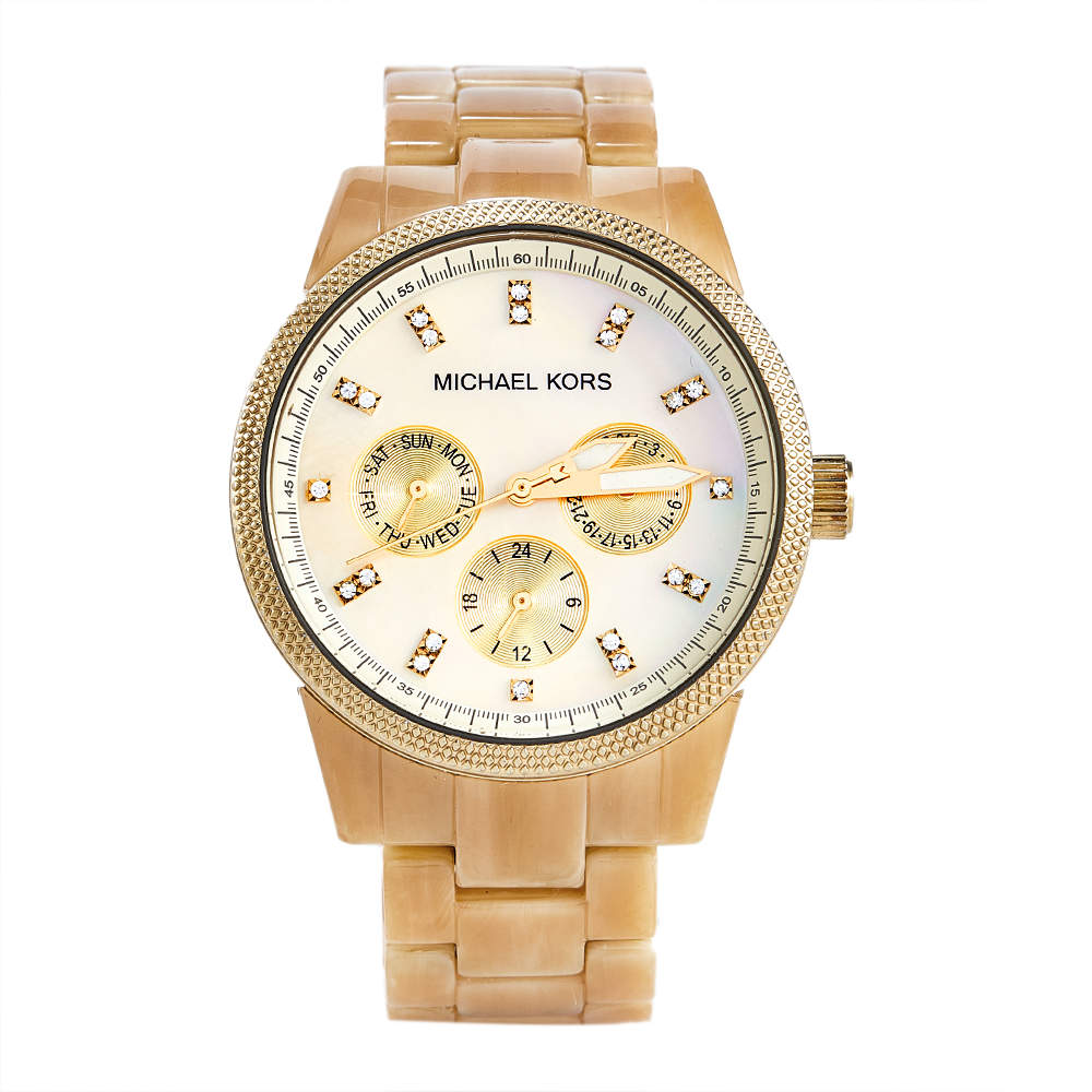 Pre Owned Michael Kors Mother of Pearl Gold Plated Stainless Steel Horn Resin Jet Set MK-5039 Women's Wristwatch 37 mm