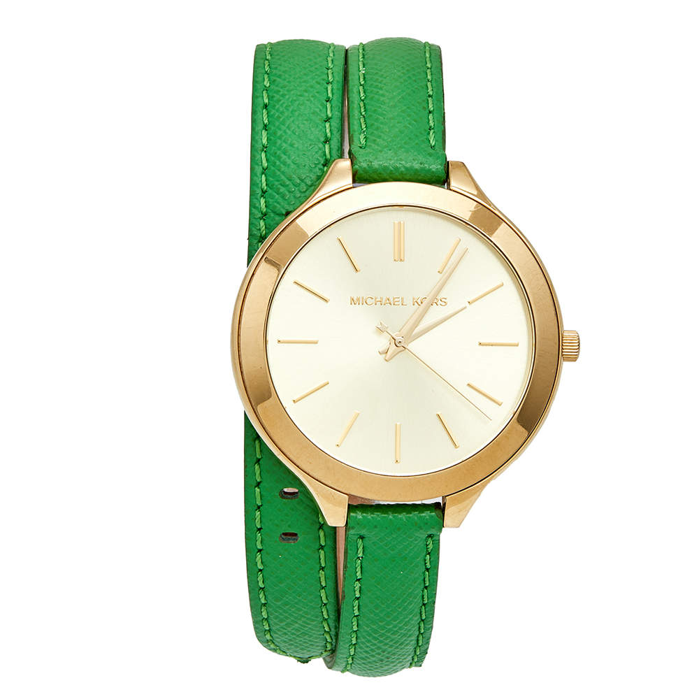 Pre Owned Michael Kors Champagne Yellow Gold Plated Stainless Steel Slim Runway MK2287 Women's Wristwatch 42 mm