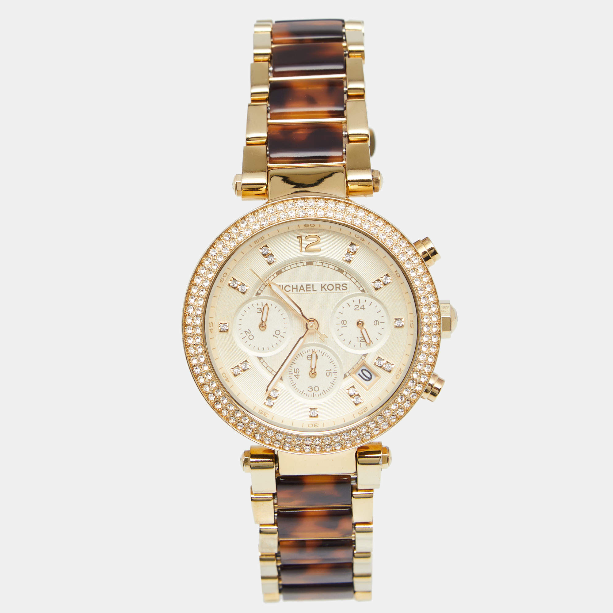 Pre Owned Michael Kors Yellow Gold Plated Stainless Steel Tortoise Parker MK5688 Women's Wristwatch 39 mm