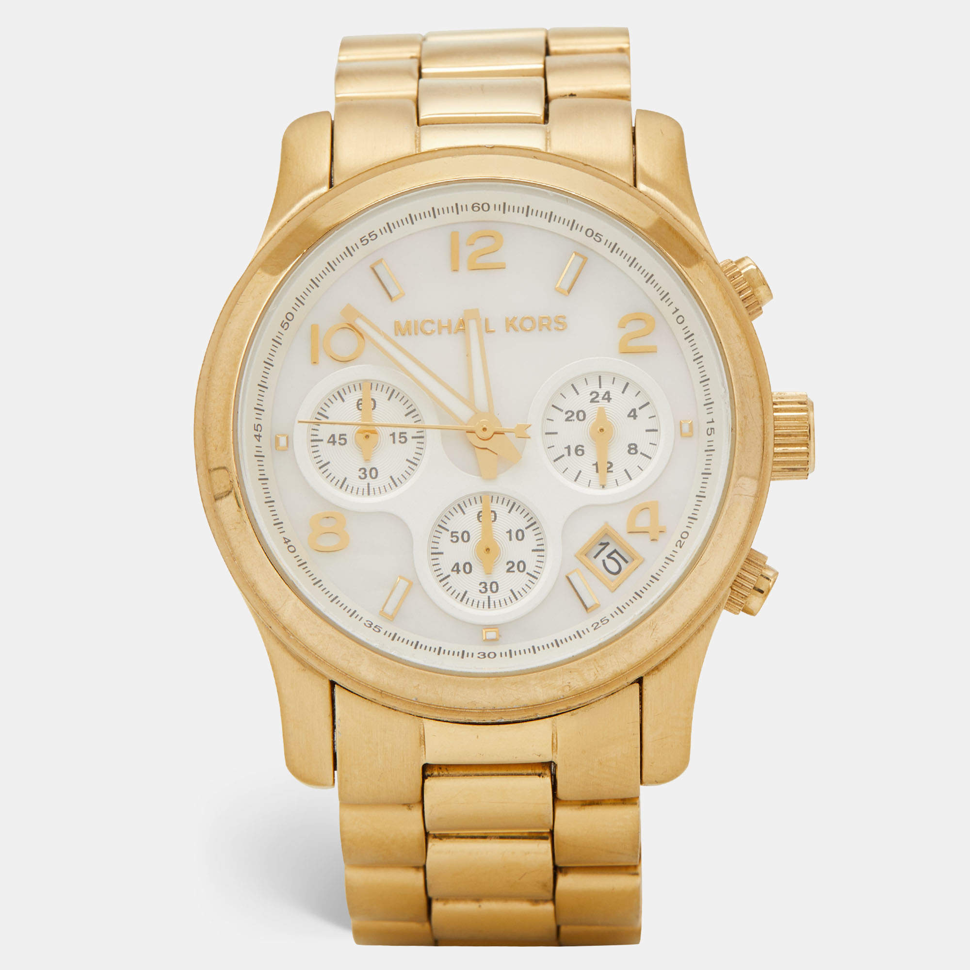 Michael Kors White Mother Of Pearl Gold Plated Stainless Steel Runway MK5305 Women's Wristwatch 38 mm
